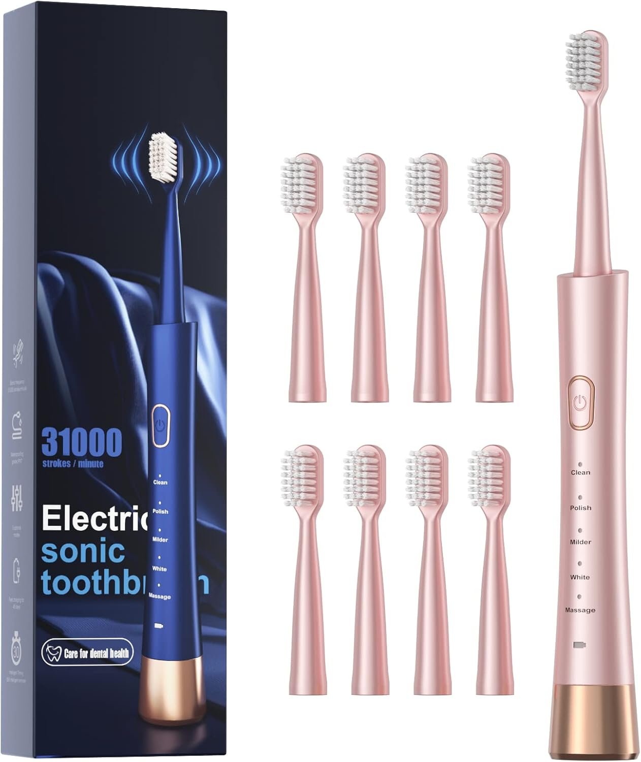 AJELU Sonic Electric Toothbrush for Adults, USB Rechargeable Sonic Toothbrush with 8 Brush Heads, Smart Timer, 5 Modes, 2-Hour Fast Charge Last 30 Days, Pink