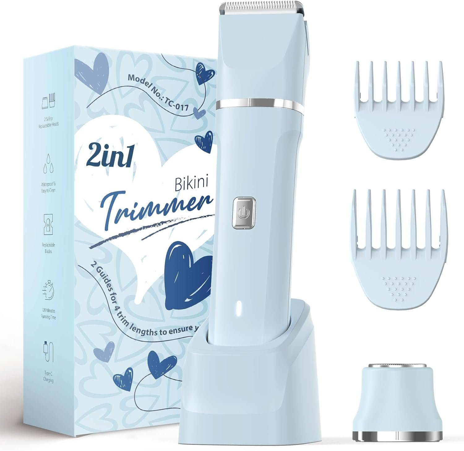 Risina 2-in-1 Bikini Trimmer for Women, Travel Razors, Beach Essentials | IPX7 Waterproof, Rechargeable, Ceramic Blades, Face Shaver and Body Hair Trimmer for Bikini Line, Pubic Hair, Legs, Underarms