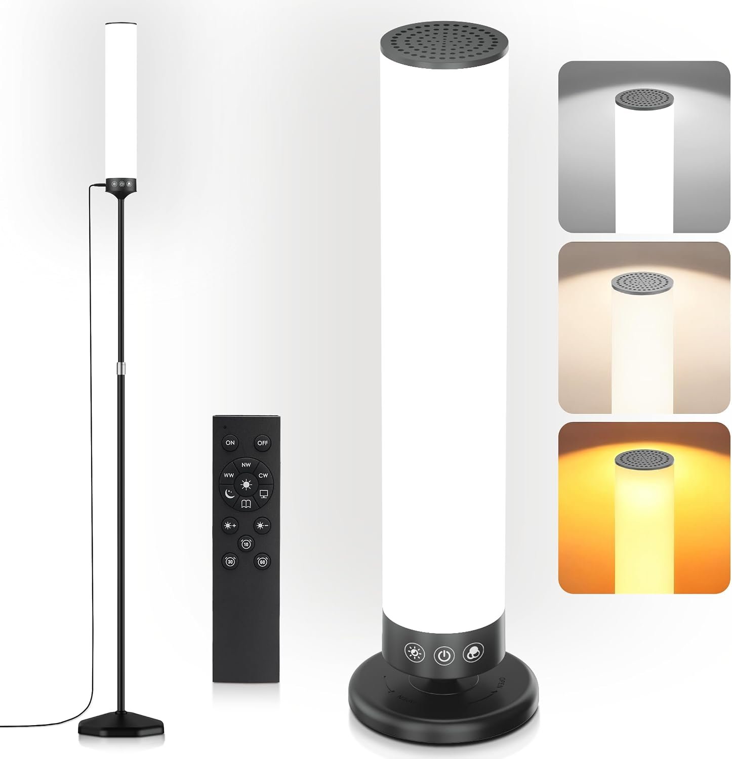 Light Therapy Lamp 10,000 Lux Happy Therapy Light with Remote, 2-in-1 Pedestal to Tabletop Full Spectrum Daylight Lamp with Adjustable Color/Brightness/Timer, Memory Function, 24W, Black