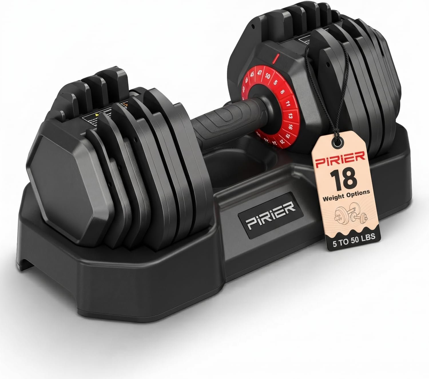 PIRIER Adjustable Dumbbell Set 50LB, 18-in-1 Free Weight Adjustable Dumbbells, One-Hand Twist Adjust, Space-Saving Design, Home Gym Strength Training Equipment for Men & Women