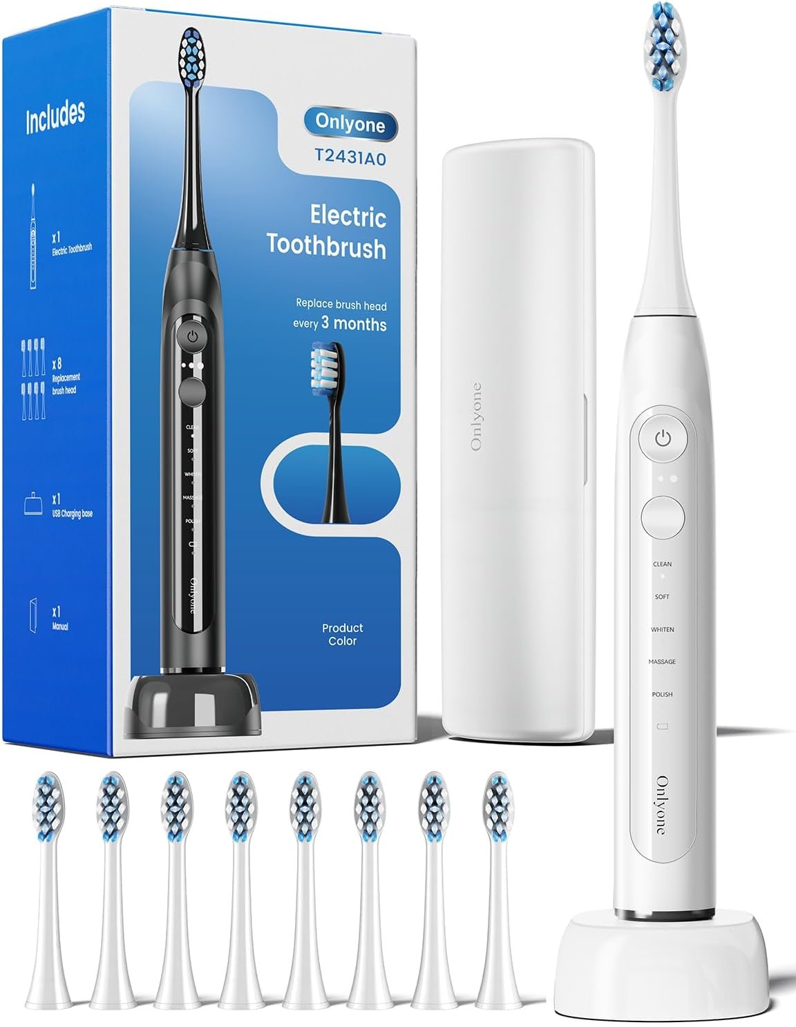 Onlyone Electric Toothbrush for Adults, Rechargeable Electric Toothbrush with 8 Brush Heads, Travel Case, Charging Base & Wireless Charging – 5 Modes with Smart Timer, White