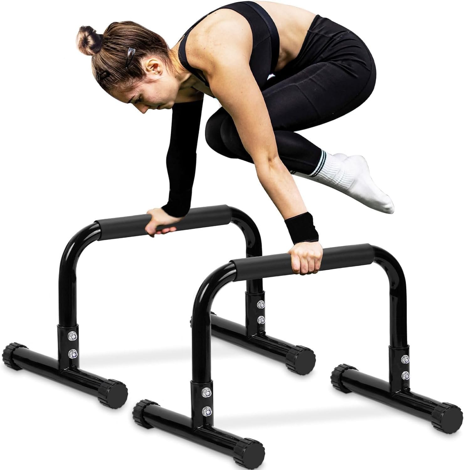 TABEKE Push Up Bar, 14” High Steel Parallettes & Dip Bar with Full Coverage Foam Handle, Heavy-Duty Calisthenics Parallel Bars for L-Sit, Dips, Home Gym Strength Training Workout