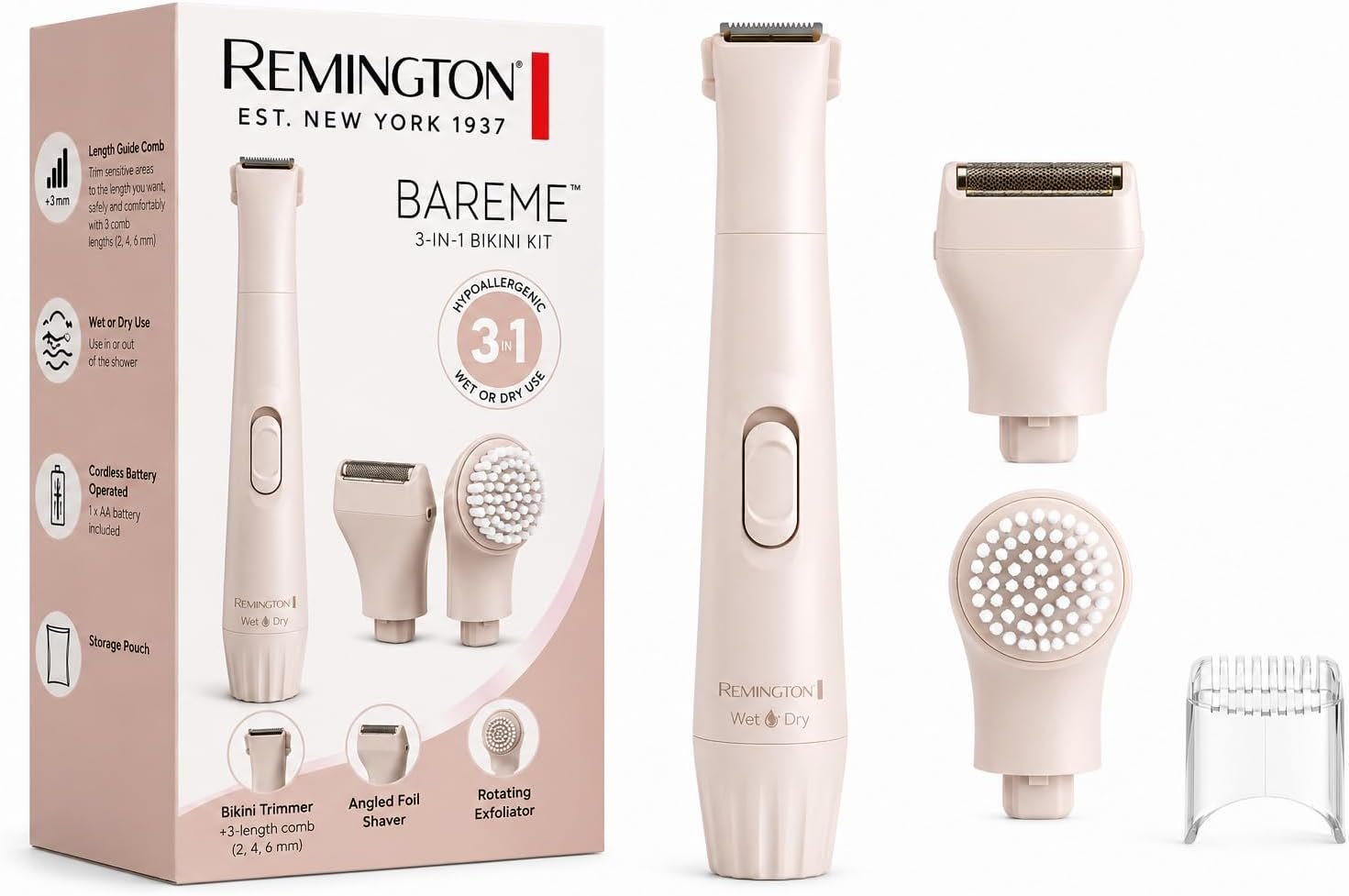 Remington Smooth & Silky Body & Bikini Kit, Cordless Bikini Trimmer and Shaver for Women, Waterproof for Grooming in the Shower, Beige