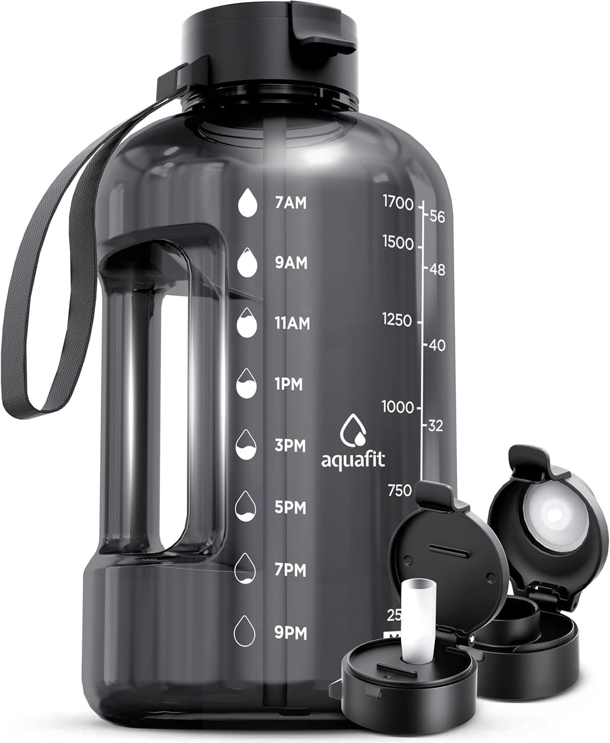 AQUAFIT Half Gallon Water Bottle with Time Marker | BPA Free Half Gallon Water Bottle with Straw and Chug Lids – Leakproof Gym Water Bottle with Carry Handle (Gray)