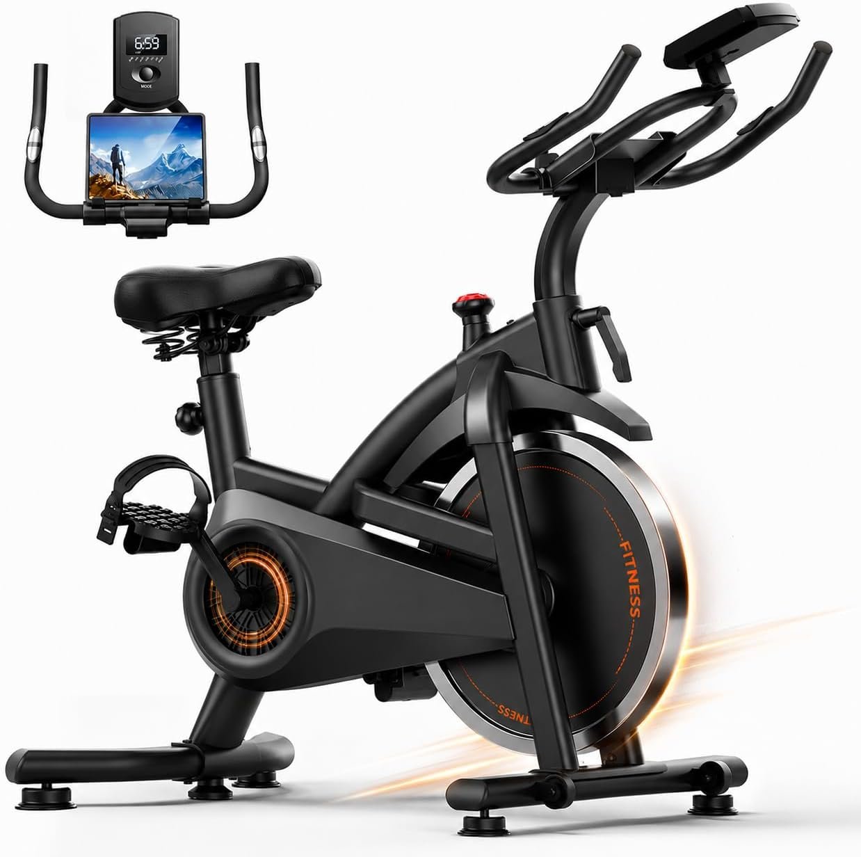 CURSOR FITNESS Exercise Bike, Brake Pad Stationary Bike for Home with Exclusive App, Stationary Bikes for Home with 300 lb Weight, Indoor Cycling Spin Bike Workout Bike with Extra Comfort Seat