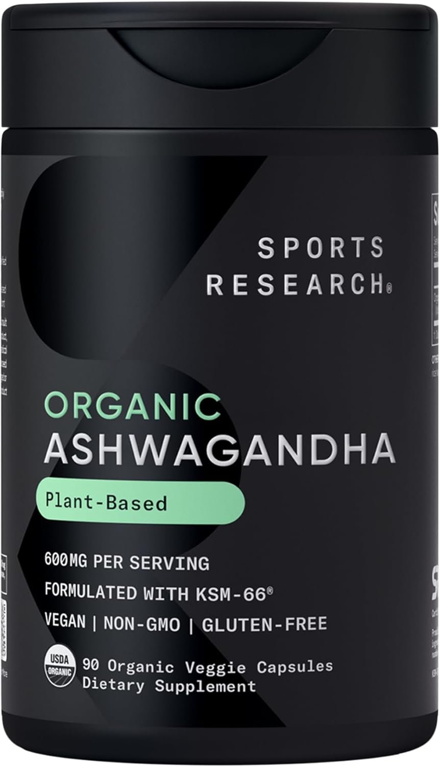 Sports Research® Organic Ashwagandha – Adaptogen for Relaxation, Calm & Sleep Support – Made with Organic KSM-66® – 600 mg – Non-GMO Verified, Gluten-Free, Certified Vegan – 90 Veggie Capsules