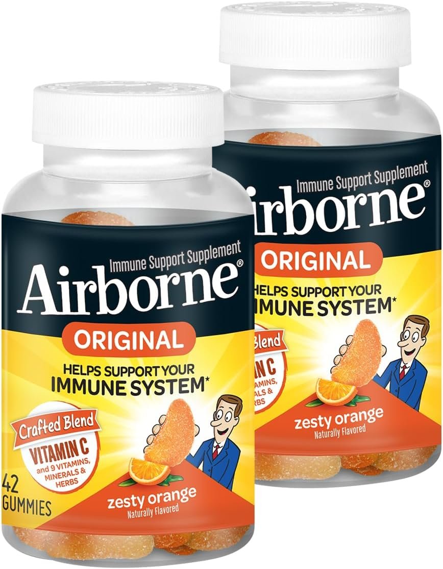 Airborne 750mg Vitamin C Gummies for Adults, Immune Support Supplement with Powerful Antioxidants Vitamins C & E – 42 Gummies, Zesty Orange Flavor (2 Pack)