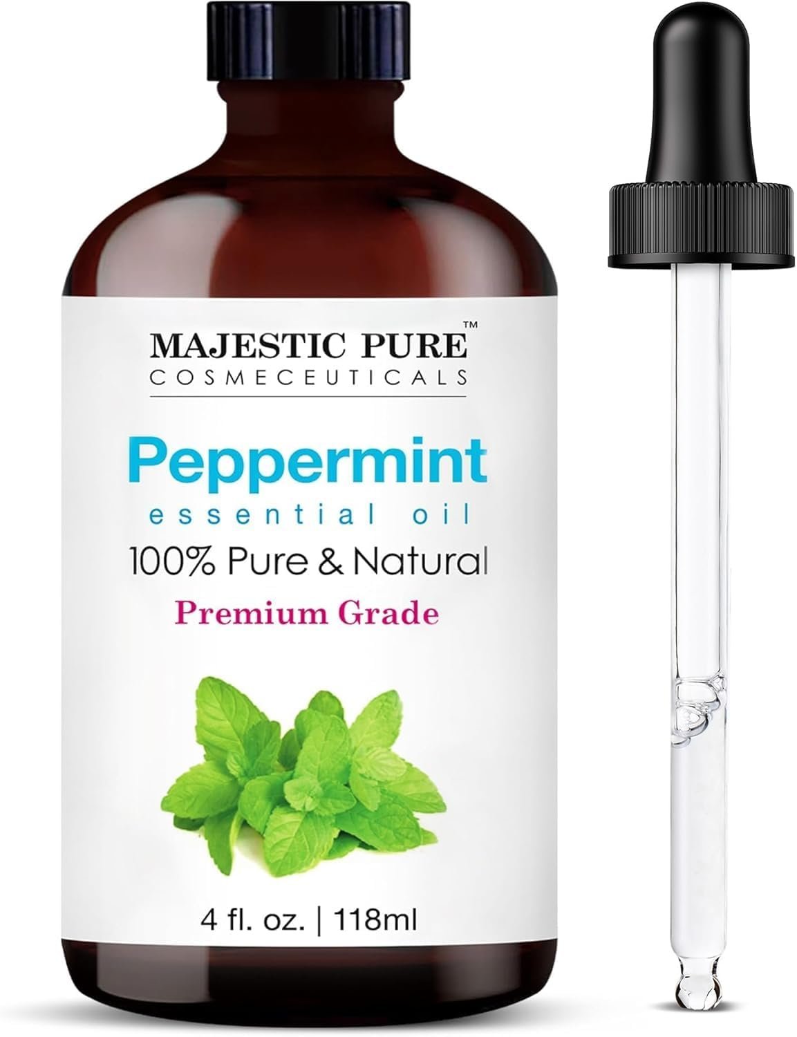 Majestic Pure Essential Oil with Glass Dropper – 100% Pure and Natural – Essential Oils for Diffuser, Aromatherapy, Soap and Candle Making, Peppermint Essential Oil, Peppermint Oil, 4 Fl Oz