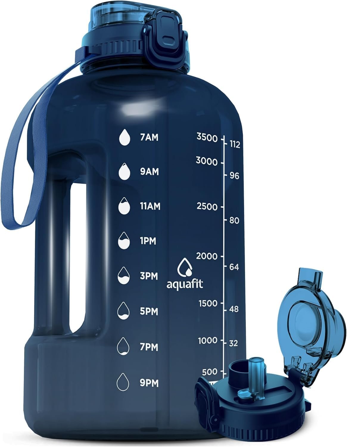 AQUAFIT 1 Gallon Water Bottle with Time Marker, 2in1 Lid | BPA Free 128 oz Water Bottle with 2in1 Straw and Chug Lid – Leakproof Gym Water Bottle with Carry Handle (Nebula)