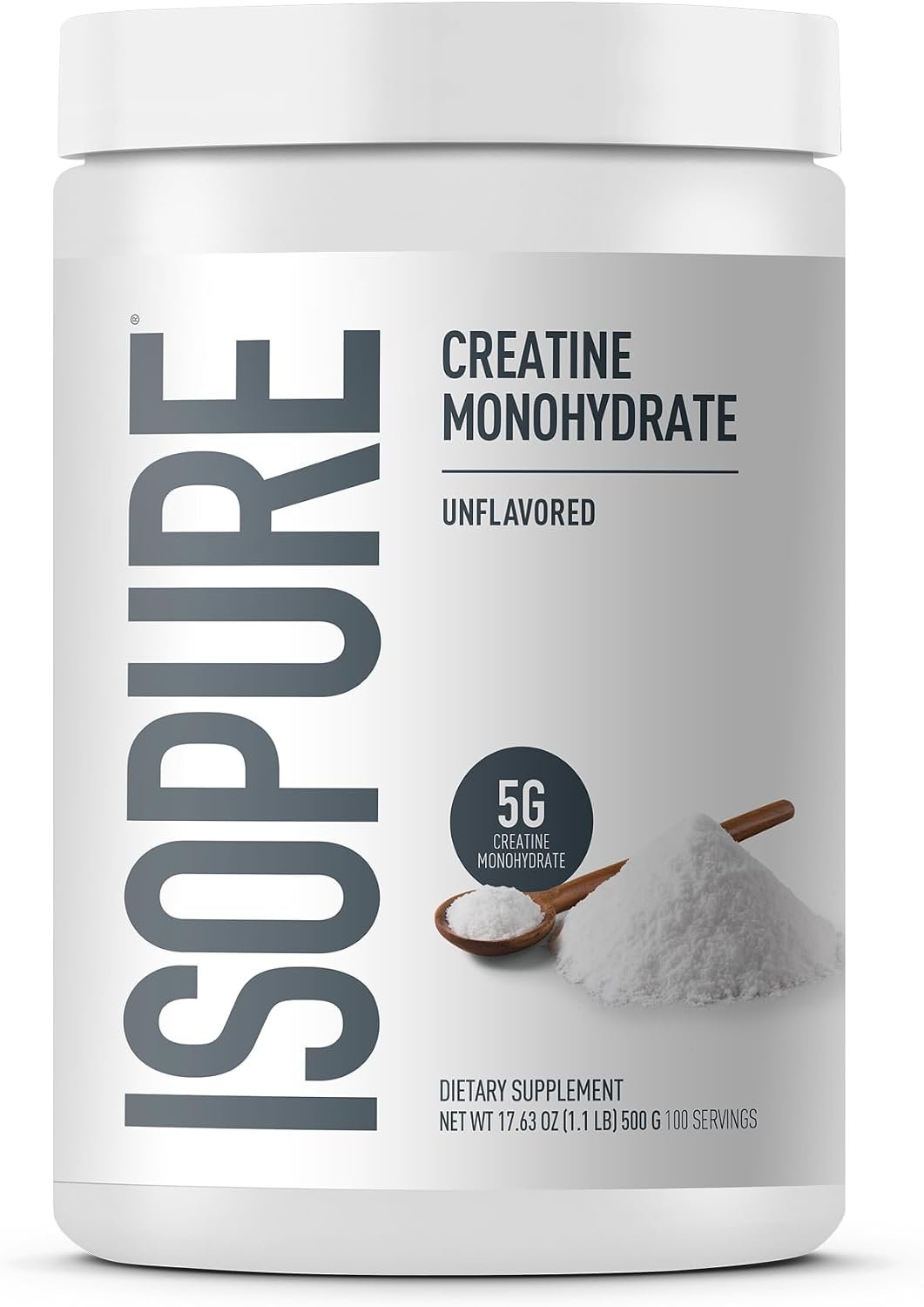Isopure 100% Pure Creatine Monohydrate Powder, Sugar Free, Unflavored, 5g Creatine Monohydrate Per Serving, 1.1 Lbs, 100 Servings (Packaging May Vary)