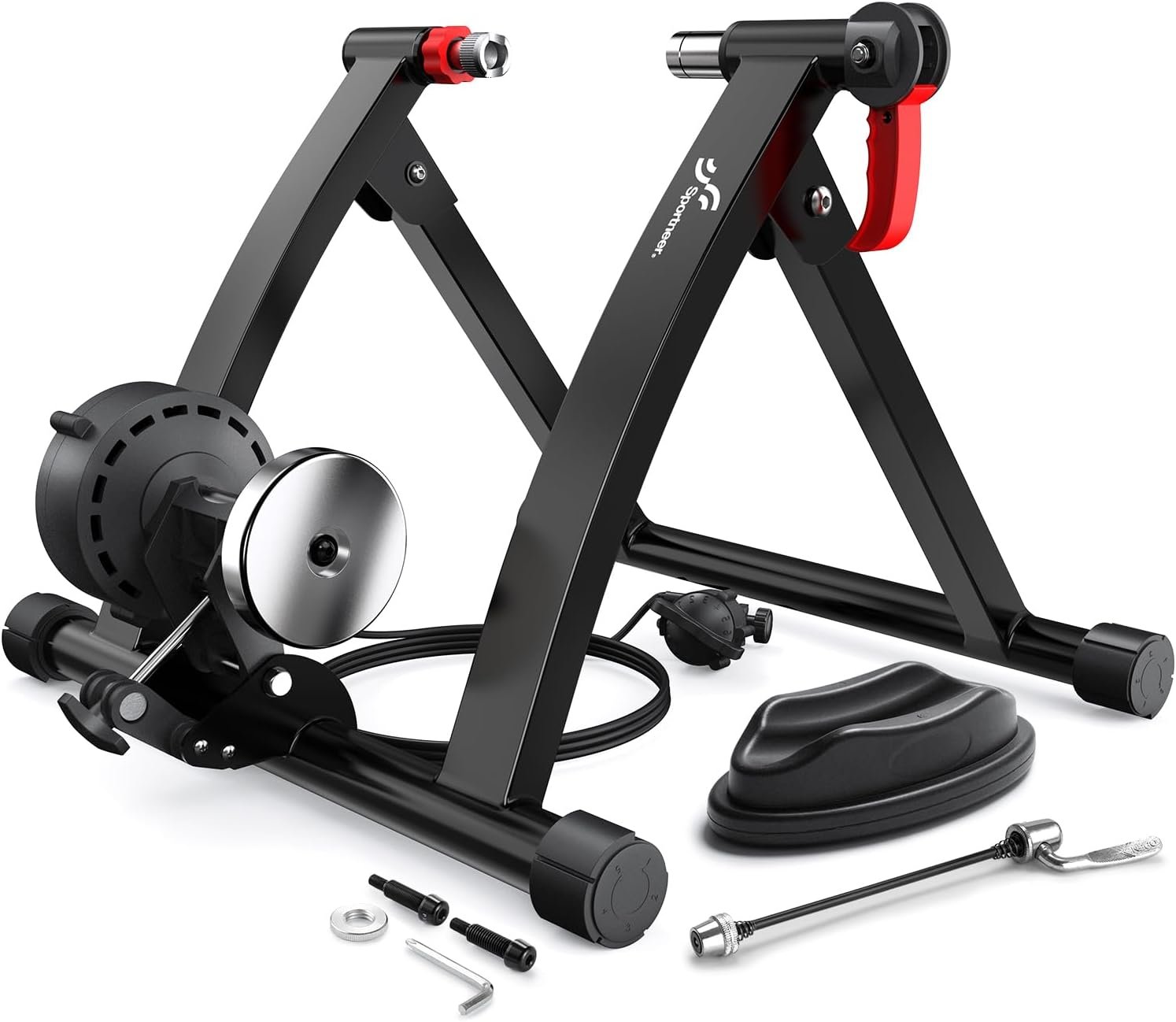 Sportneer Bike Trainer – Magnetic Indoor Cycling Trainer Stand for 26-28″ & 700C Wheels, 6 Resistance Levels Stationary Bike Stand with Quick Release Lever & Front Wheel Riser Block