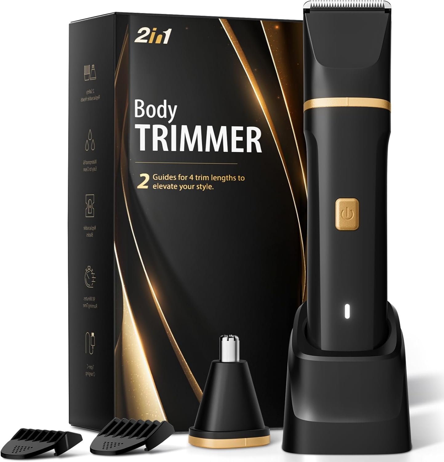 Risina Body Trimmer for Men, 2-in-1 Groin & Body Hair Trimmer, IPX7 Waterproof Electric Razor, Ball & Pubic Hair Trimmer for Private Areas, Ceramic Blade Body Shaver, Rechargeable Grooming Kit