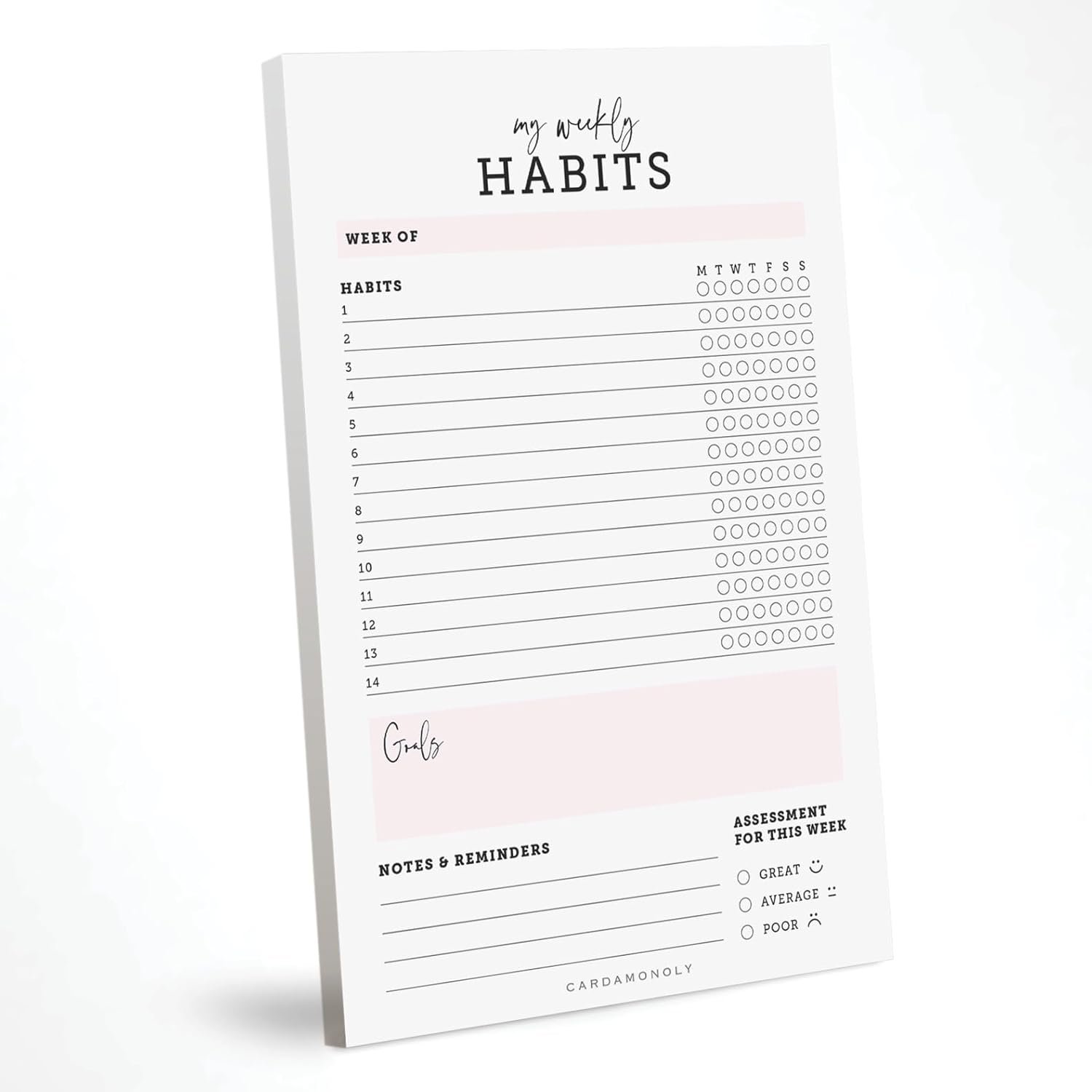 CARDAMONOLY Habit Tracker Notepad in Black and Light Pink- 50 Page Tear Off Planning Pad – 6 x 9 – High Performance Planner – Chore Chart for Adults – Weekly Planner Undated – Self Care Planner