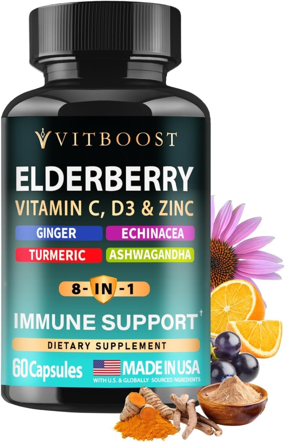 VITBOOST Elderberry Immune Support Supplement 8 in 1 with Vitamin D 5000 IU | Formula with Echinacea, Vitamin C & Zinc, Turmeric, Ginger, Ashwagandha – 60 Capsules
