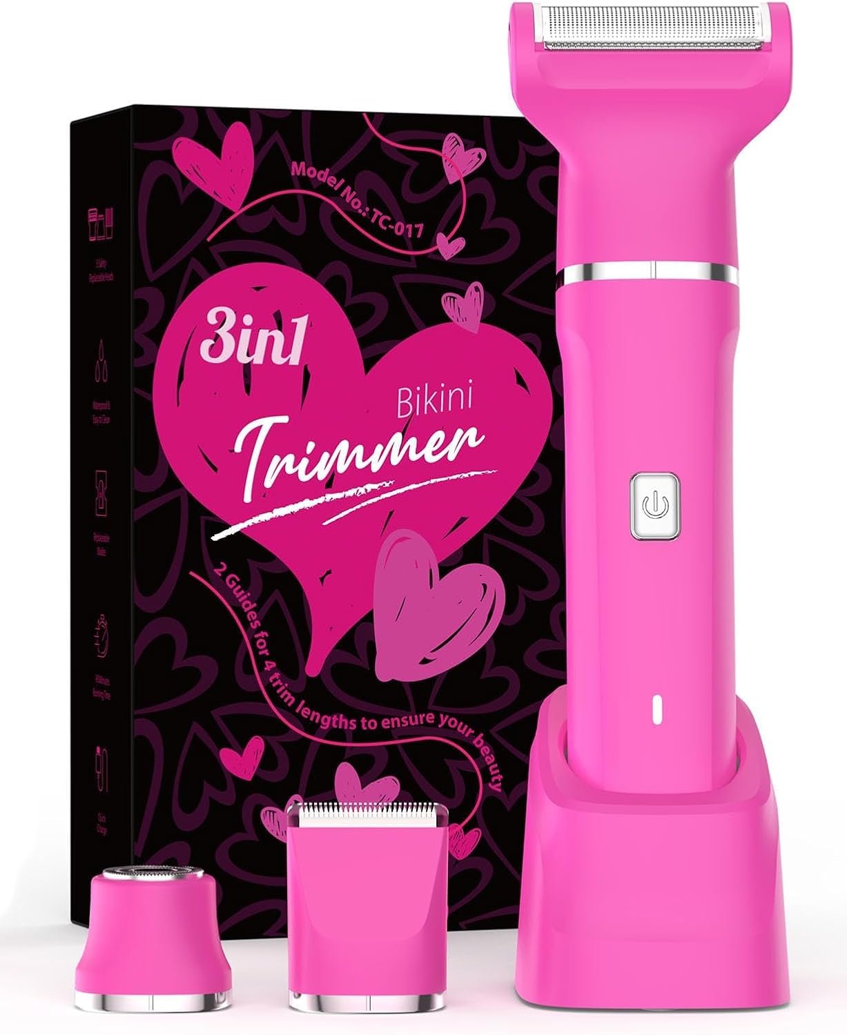 RISINA 3-in-1 Bikini Trimmer for Women, Electric Shaver for Women, Hot Pink | IPX7 waterproof 3-head kit with body, facial and curved trimmers for bikini line hair removal, face, legs and underarms