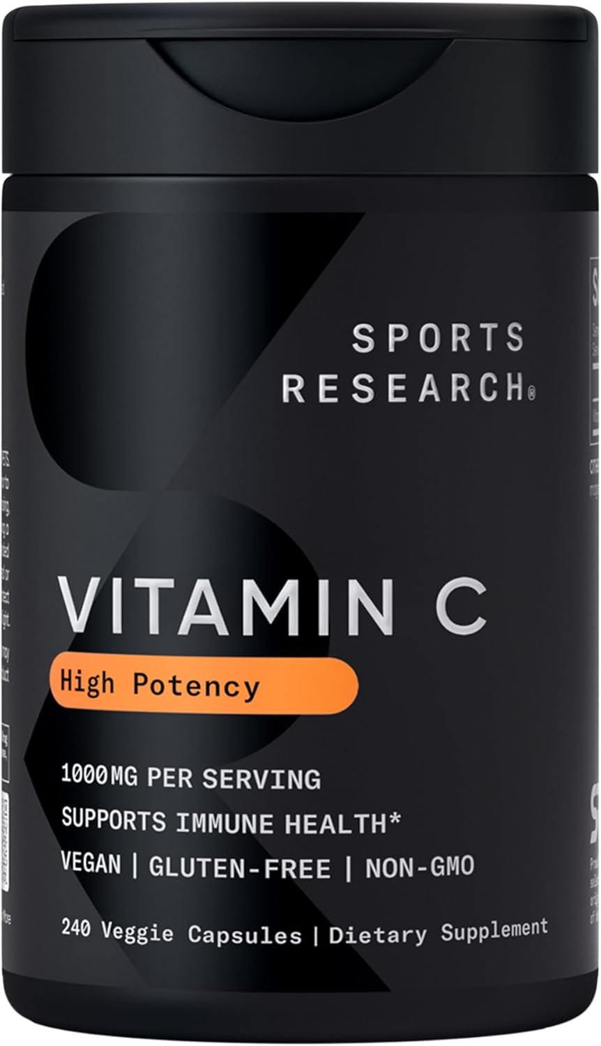 Sports Research® High Potency Vitamin C 1000mg, 240 Count Veggie Capsules | Antioxidant Activity & Immune Support | Ascorbic Acid Vitamin C | Non-GMO Verified & Gluten Free – 240 Servings