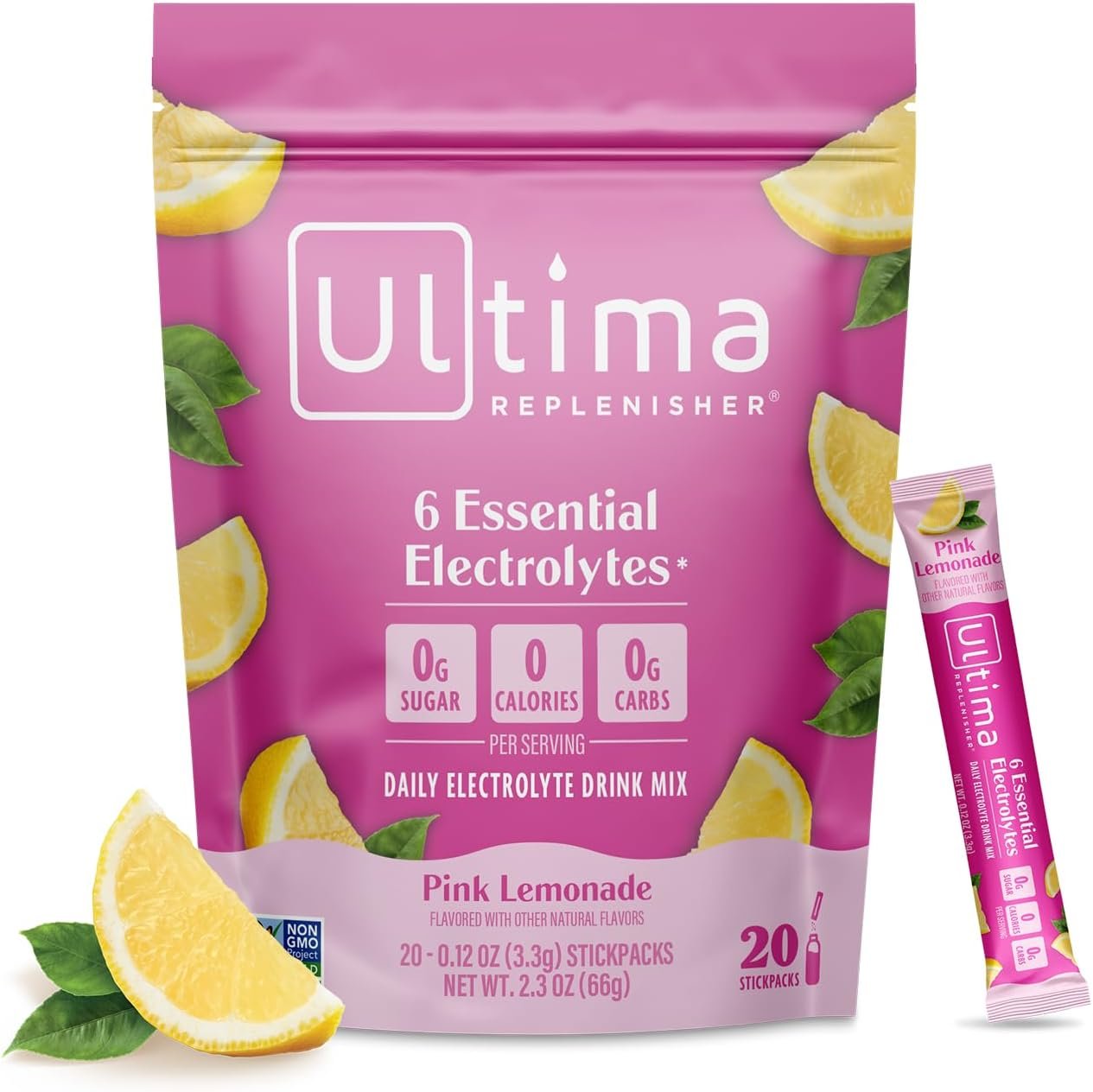 Ultima Replenisher Pink Lemonade Electrolyte Packets, 20 Stickpacks | Daily Zero Sugar Powder Hydration Packets with 6 Key Electrolytes & Minerals – Sugar Free & Keto Friendly