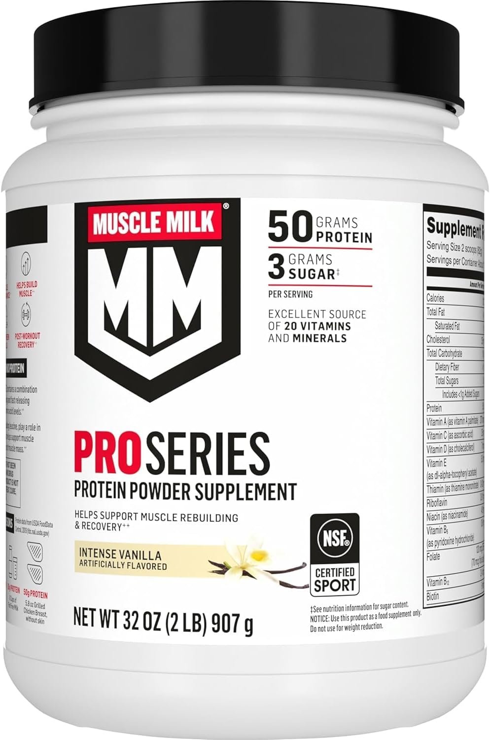 Muscle Milk Pro Series Protein Powder Supplement, Intense Vanilla, 2 Pound, 11 Servings, 50g Protein, 3g Sugar, 20 Vitamins & Minerals, NSF Certified for Sport, Workout Recovery, Packaging May Vary