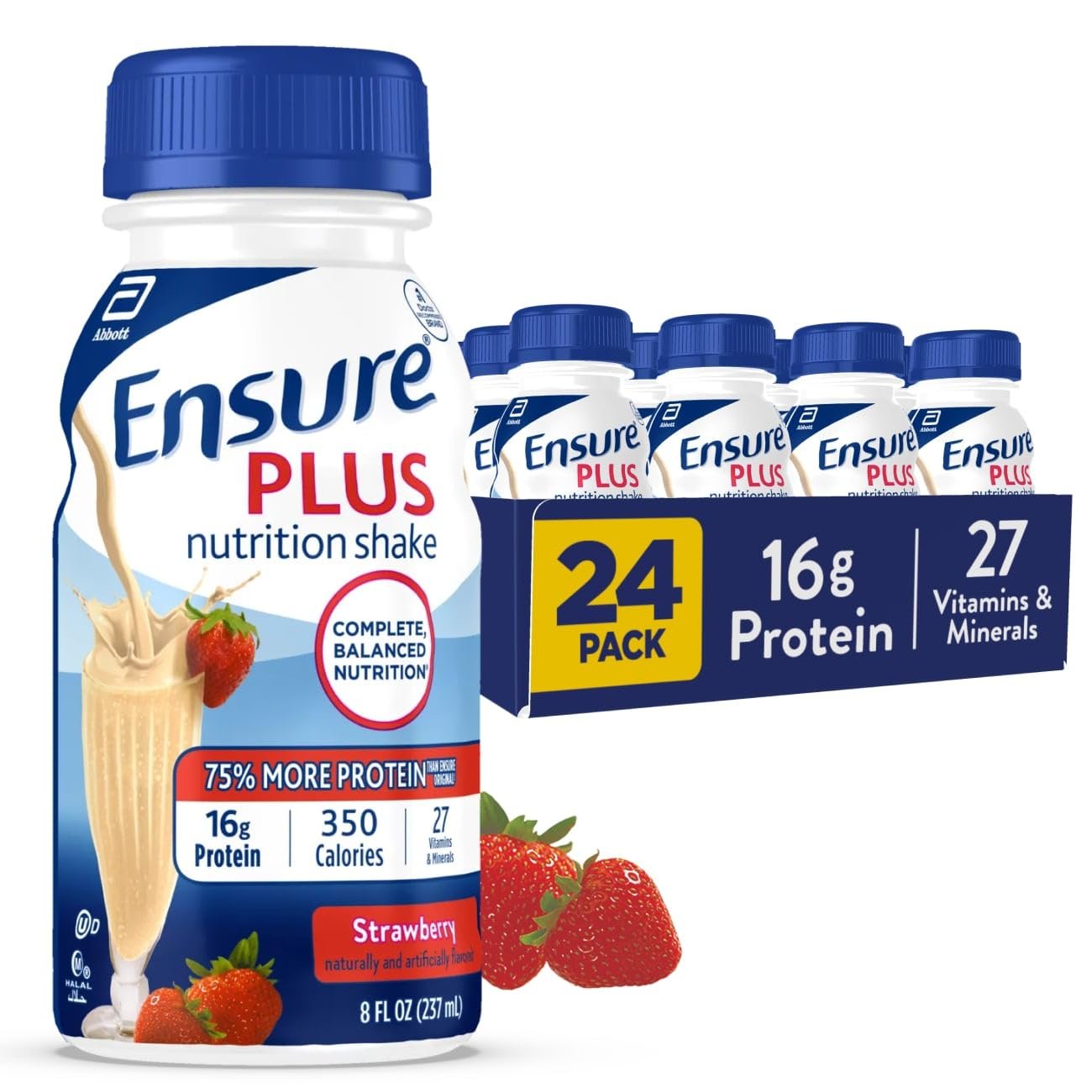 Ensure Plus Strawberry Nutrition Shake | Meal Replacement Shake | Ready To Drink | 16g Protein and 27 Vitamins and Minerals | 8 fl oz – 24 Pack