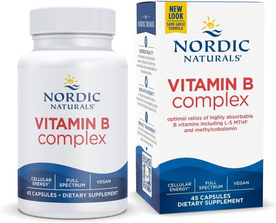 Nordic Naturals Vitamin B Complex, Energy Metabolism – 45 Capsules | 8 essential B vitamins: B1 Thiamine, B2 Riboflavin, B3 Niacin, B6, B12, B9 Folate, B7 Biotin, B5 Pantothenic Acid. Non-GMO