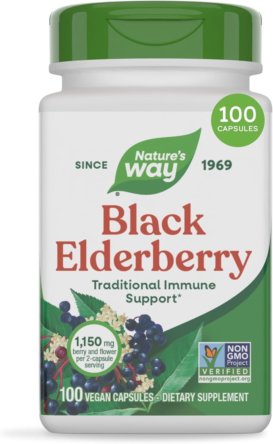 Nature’s Way Black Elderberry Capsules, 1,150 mg per Serving, Vegan, 100 ct | Traditional Immune Support Supplement with Elderberry and Elderflower*, Plant-Powered Vegan Capsules