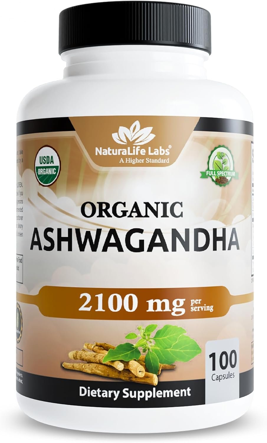 NaturaLife Labs Organic Ashwagandha 2100 mg per Serving – Full Spectrum Root Powder and Standardized Extract (Withanolides) – 100 Capsules – Vegan – Non-GMO, Gluten-Free