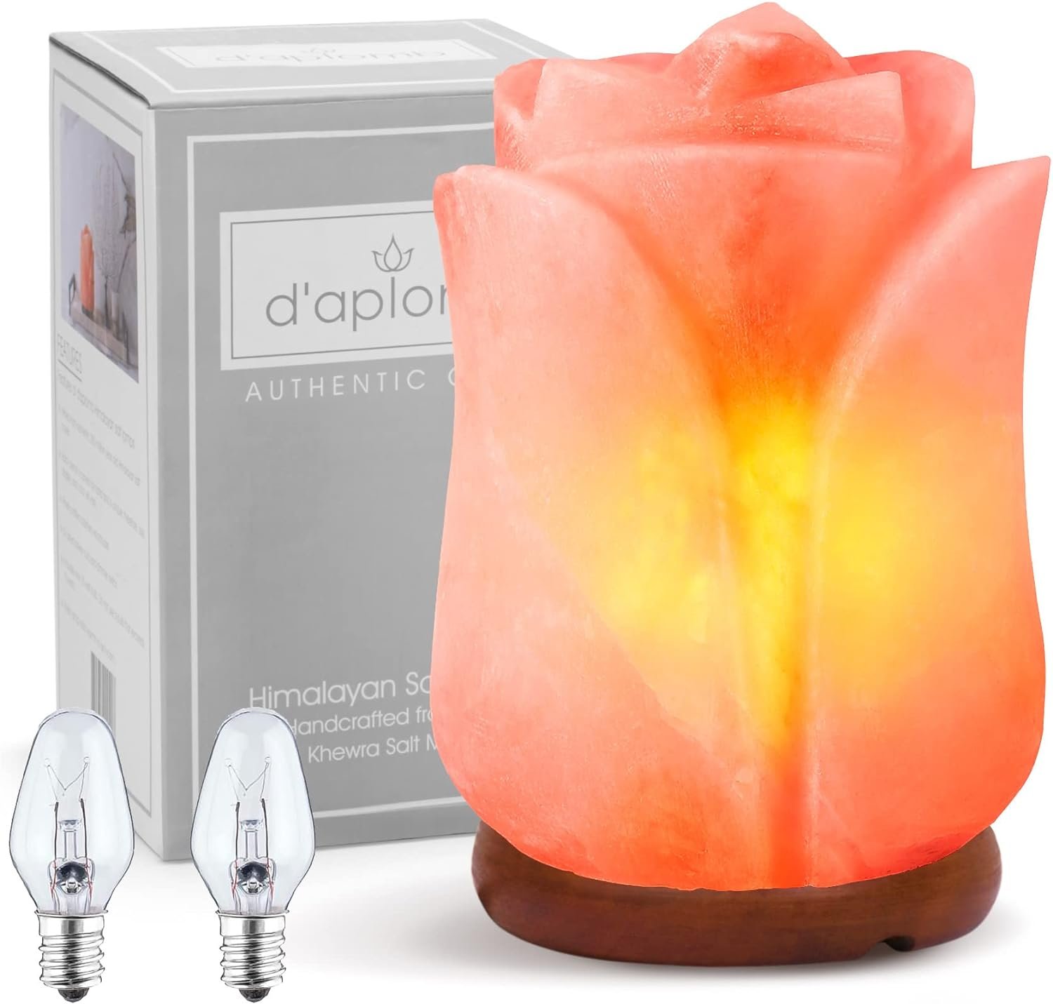 d’aplomb 100% Authentic Natural Himalayan Salt Lamp;Hand Carved Flower Rose Crystal Rock Salt from Himalayan Mountains; Dimmer Cord (Pink Flower)