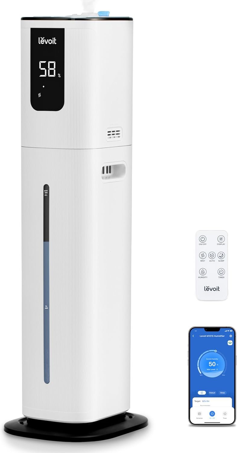 LEVOIT OasisMist 1000S (10L) Smart Humidifier for Home Large Room Bedroom, Last 100 Hours Suitable for Indoor Plant, Cover up to 600ft², Easy Top Fill, Remoter & Voice Control, Auto Mode, Quiet, White | Last 100 Hours Suitable for Indoor Plant, Cover up to 600ft², Easy Top Fill, Remoter & Voice Control, Auto Mode, Quiet, White