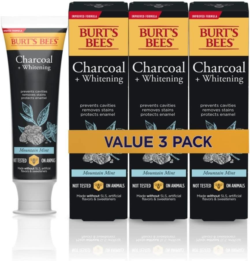 Burt’s Bees Toothpaste, Natural Flavor, Charcoal with Fluoride Toothpaste, Mountain Mint, 3 x 4.7oz