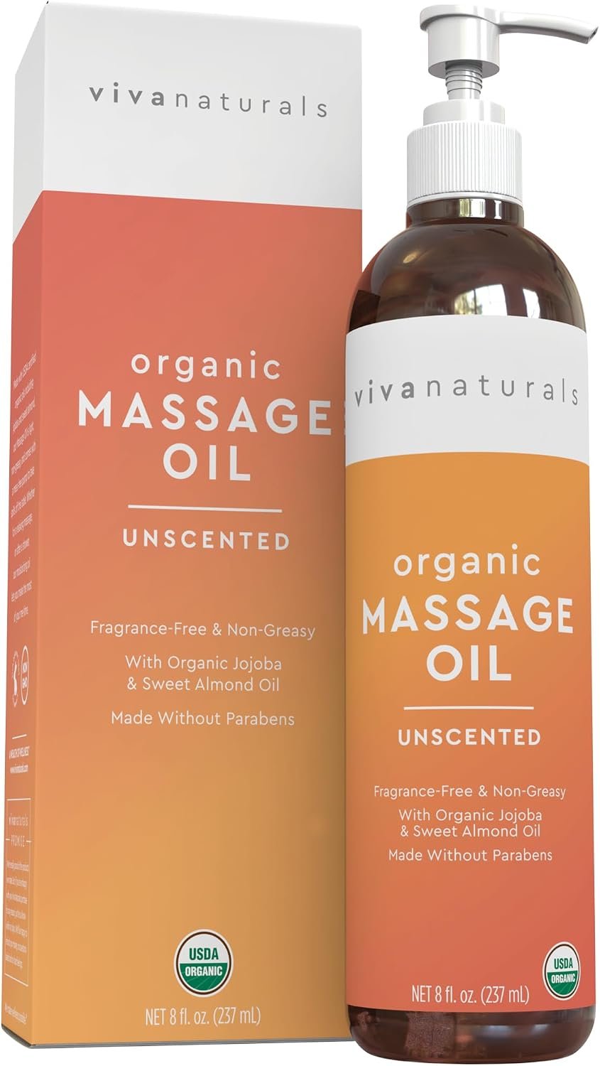 Viva Naturals Organic Massage Oil Unscented (8 fl. oz.) – Non-Greasy Body Oil with Mess-Free Pump, Moisturizing Massage Oils for Massage Therapy, Non-GMO and Certified Organic, 237 mL