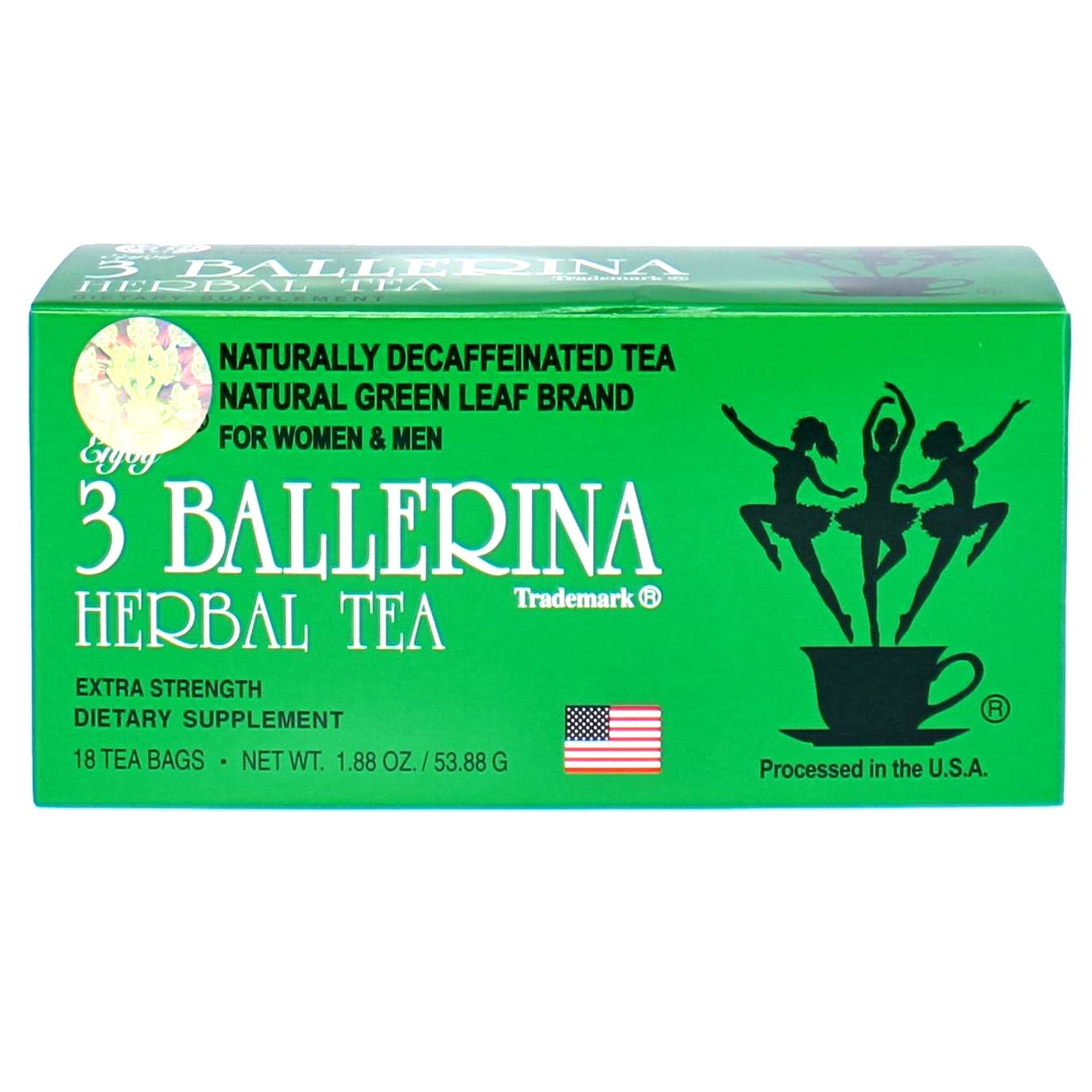 3 Ballerina Herbal Green Leaf Detox Tea, Extra Strength Drink-Caffeine Free, 18 Tea Bags (1 Box)