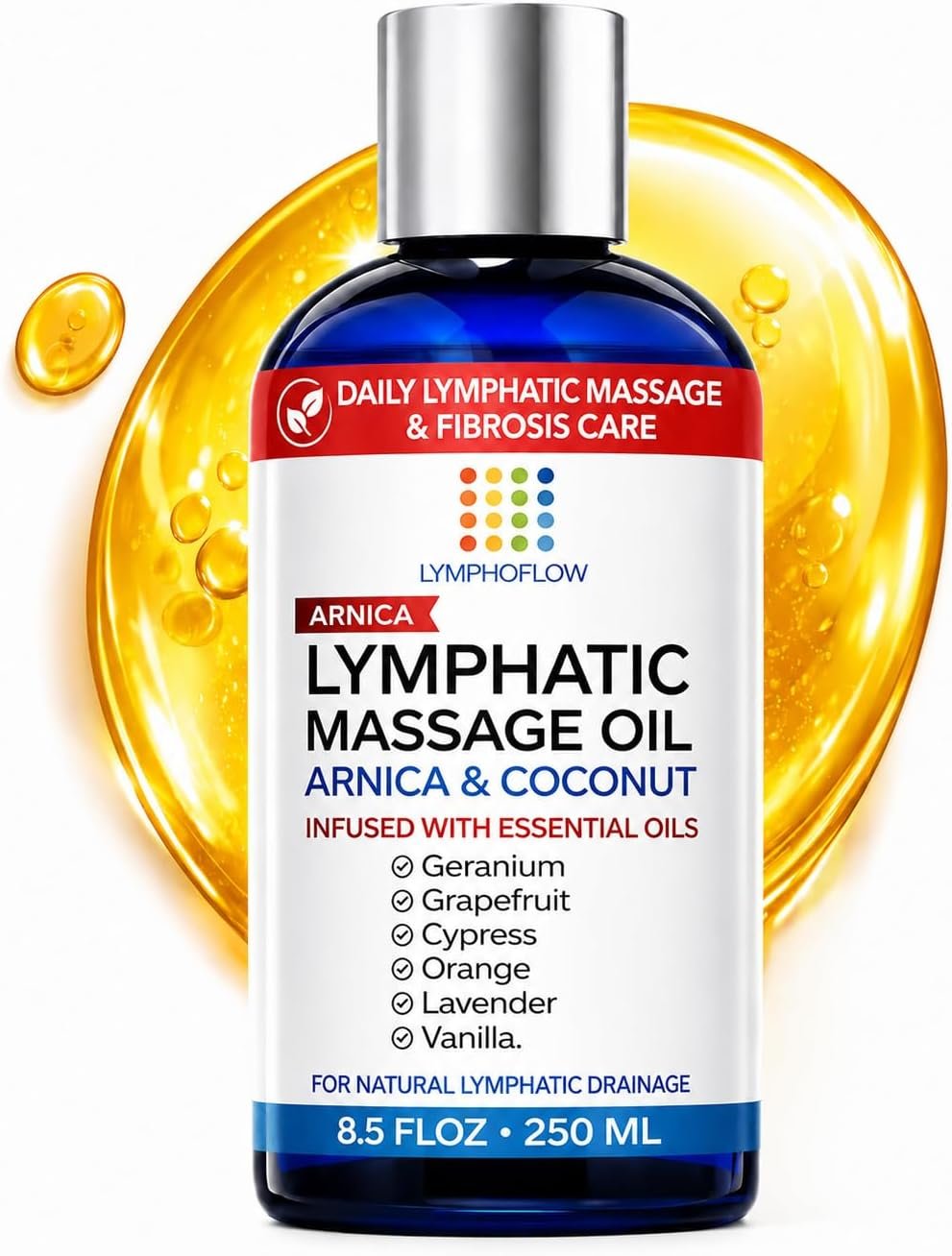 Lymphatic Drainage Massage Oil for Massage Therapy, Arnica & Coconut,8.5 Oz | LYMPHOFLOW formula: Arnica, Geranium, Cypress, Grapefruit, Lavender; for MLD after liposuction, BBL, tummy tuck, 360 lipo