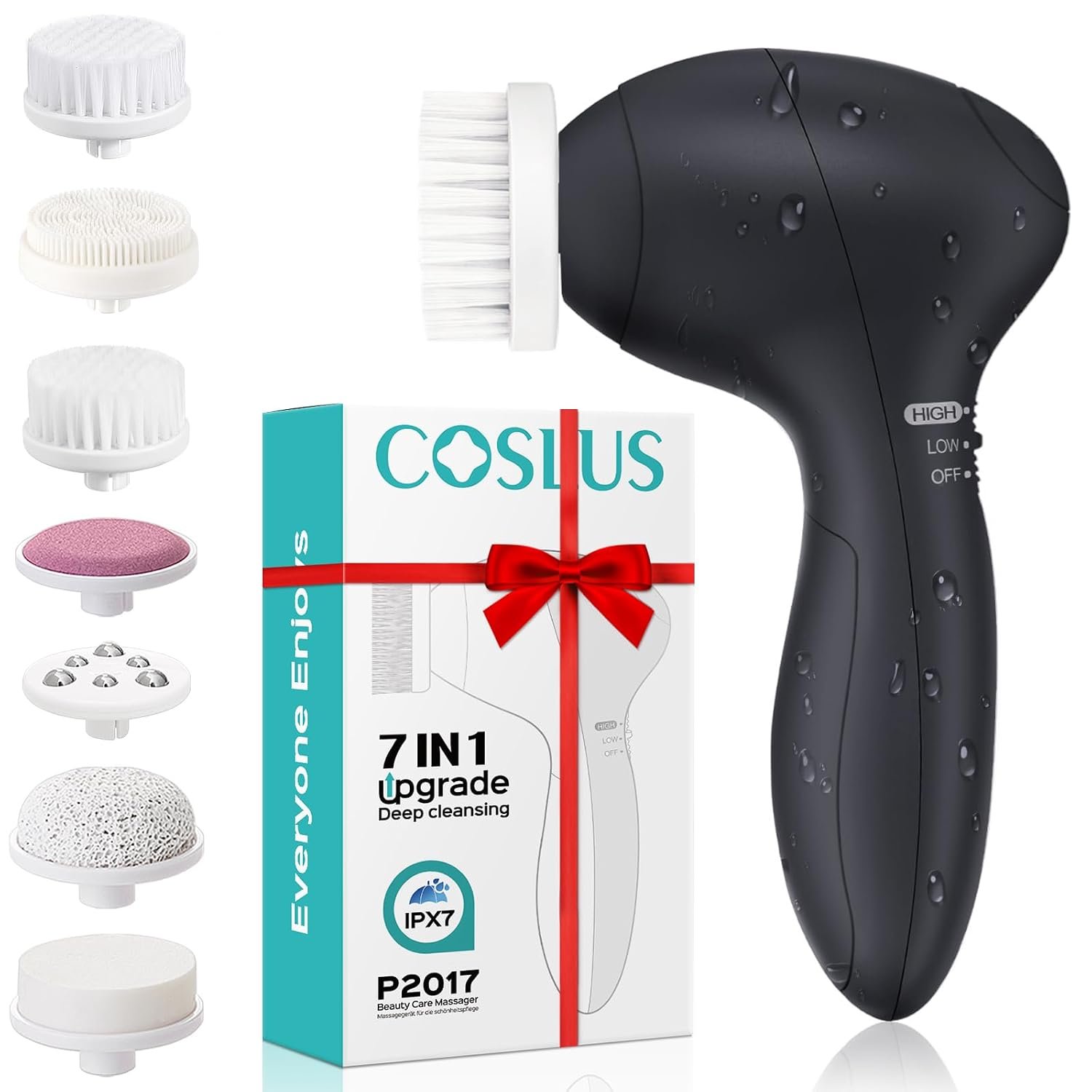 COSLUS Facial Cleansing Brush Silicone Face Scrubber: 7 in 1 FBS-D Electric Exfoliating Rotating Massage Device Waterproof Deep Cleaning Exfoliation Spa Machine – Electronic Skin Care Wash System | Electric Exfoliator Massage Brush for Deep Cleaning, Gentle Skin Care, for Men and Women, Waterproof, Blue, Upgrade Set