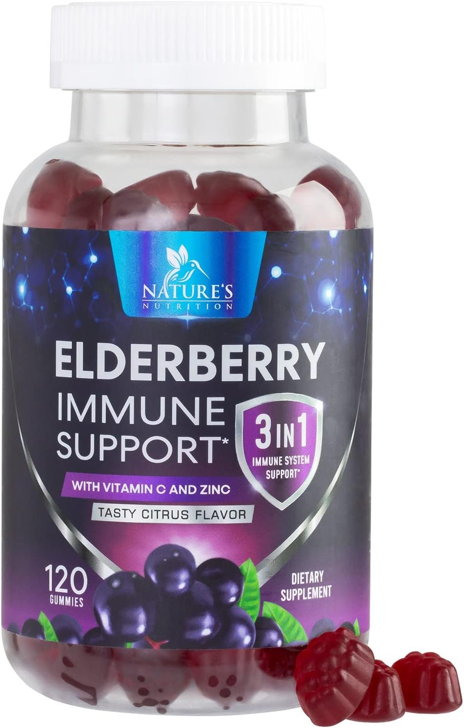 Elderberry Immune Support Gummies – 3X Strength Black Elderberry Gummy with Vitamin C, D3 and Zinc for Kids & Adults – Immune Health Support Supplement Gummy, Black Elder Berry Vitamins – 120 Gummies