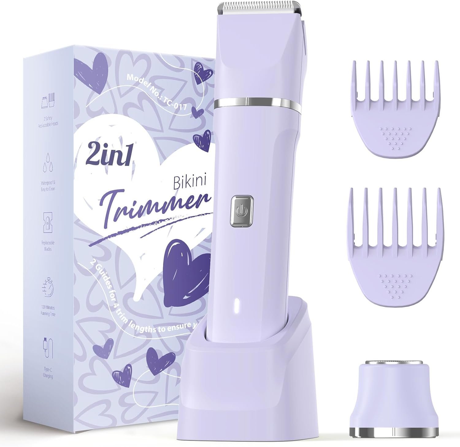 Risina 2-in-1 Bikini Trimmer for Women, Women’s Electric Razor, Face Shaver | IPX7 Waterproof, Rechargeable, Ceramic Blades, Body Head, Guide Combs for Bikini Area, Pubic Hair, Legs, Underarms; Wet/Dry