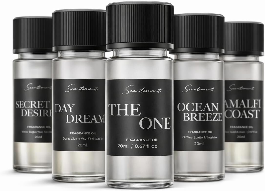Scentiment Luxury Hotel Scents – 5 Diffuser Oil Set – 5 x 0.68 fl oz(20 mL) | Secret Desires, Day Dream, The One, Ocean Breeze & Amalfi Coast – Fresh Floral, Woody & Citrus Scents Home Fragrance Oils