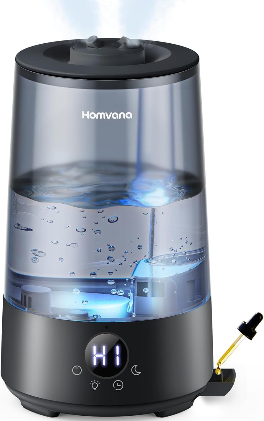 Homvana 3.6L Top-Fill Cool Mist Humidifier for Bedroom, Large Room & Plants, Easy-to-Clean 2-in-1 Baby Humidifier & Diffuser for Congestion Relief, 23dB Ultra-Quiet, Lasts Up to 4 Nights (Black)
