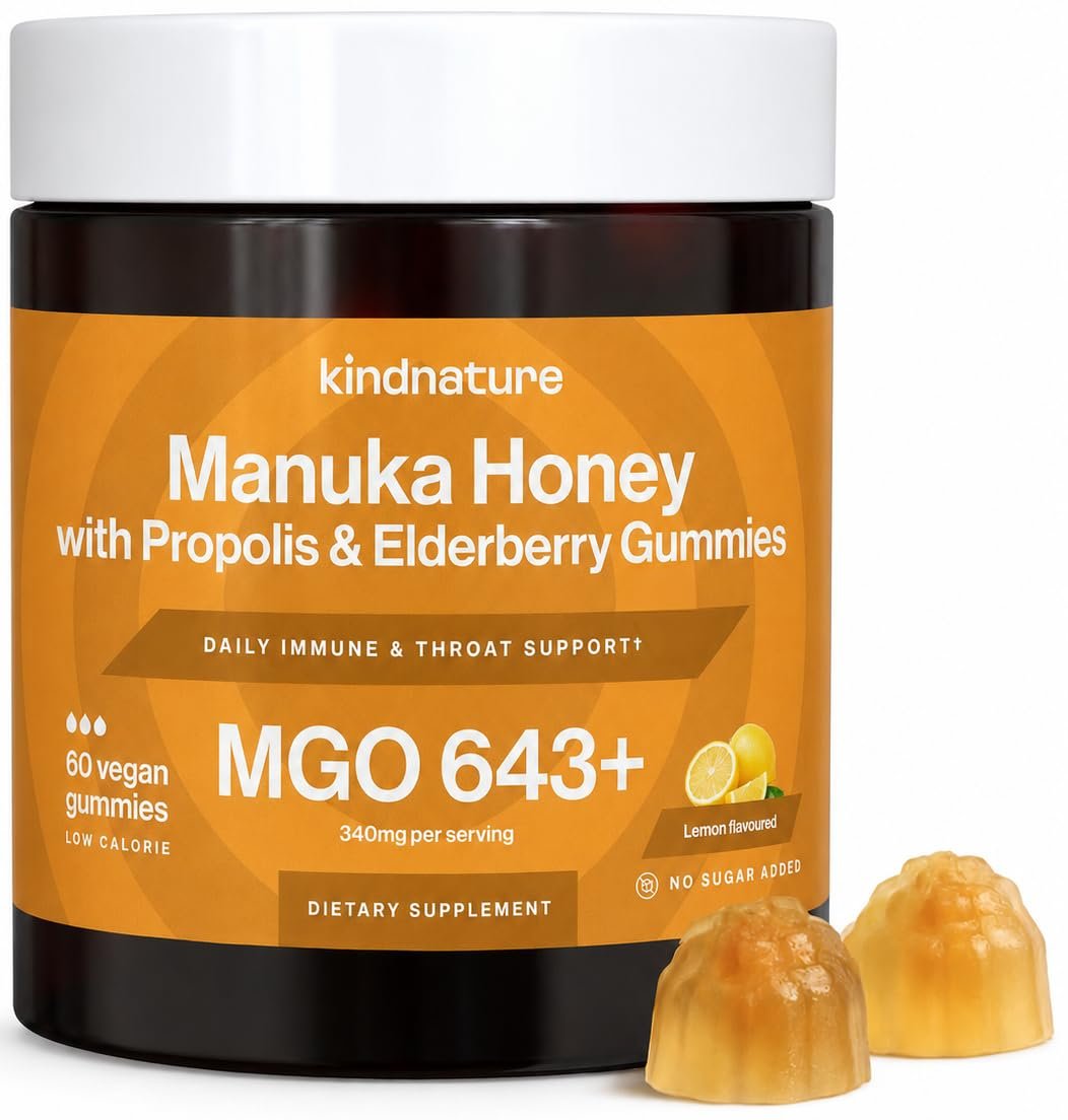 kindnature Manuka Honey Medical Grade Gummies MGO 643+ – New Zealand Manuka Honey with Zinc, Vitamin C, Elderberry – Throat Comfort & Immune Support – Kids & Adults