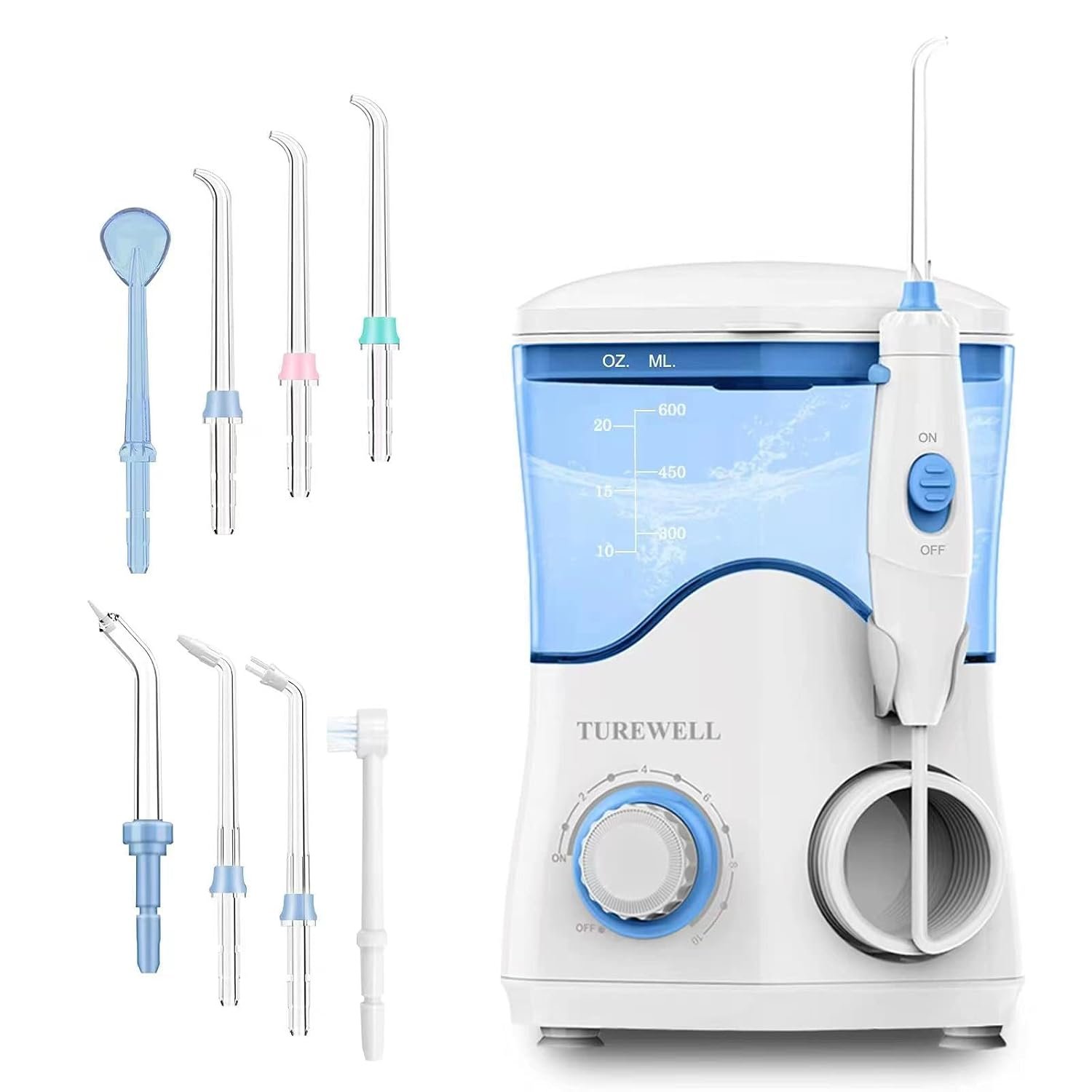 TUREWELL FC162 Water Dental Flosser for Teeth/Braces | 10 Pressure Levels, 8 Water Jet Tips for Family, 600ML Electric Water Dental Oral Irrigator for Teeth-Clean (Black)