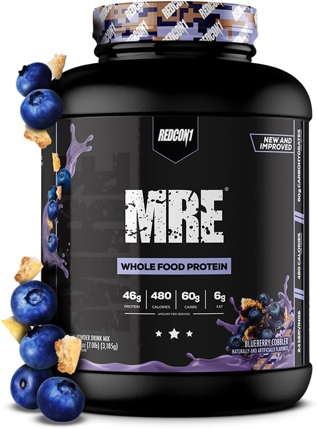 REDCON1 MRE Whole Food Protein Powder, Blueberry Cobbler – Meal Replacement Made with Animal and Plant Based Protein Sources, Nutrient and Calorie Dense, 0g Added Sugar (24 Servings)