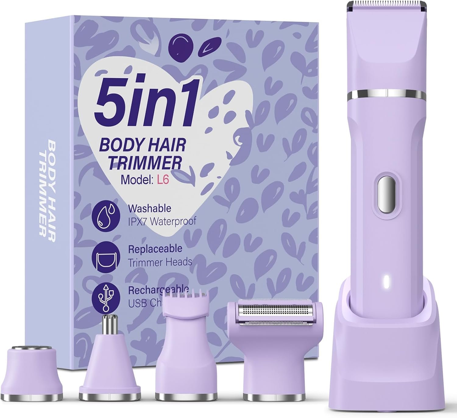 5-in-1 Bikini Trimmer for Women, IPX7 Waterproof Electric Razors Shaver, Cordless Body Hair Trimmer, Facial & Pubic Hair Removal, Ceramic Blade (Purple)