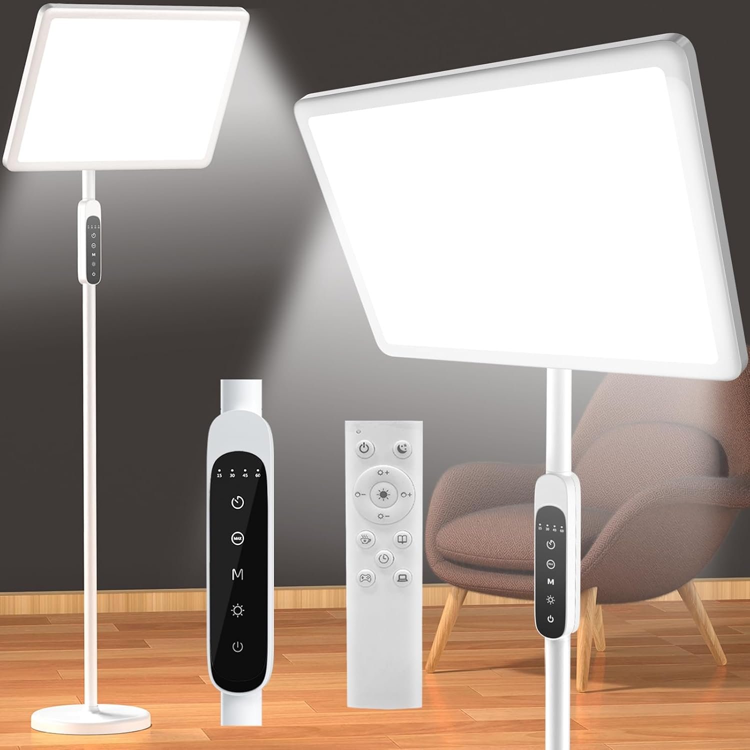 12000 Lux Light Therapy Lamp, Full Spectrum Sunlight Lamp, UV-Free Sun Lamp | Sunlight Floor Lamp with Remote/4 Color Temp/5 Brightness/4 Timer, 3 Height Adjustable for Home Office, Living Room, Bedroom