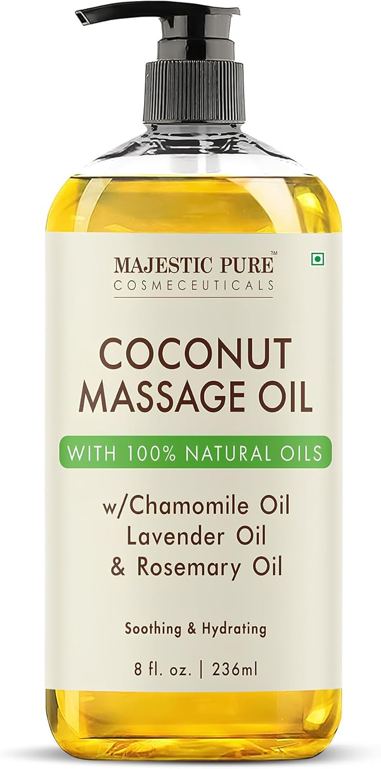 MAJESTIC PURE Coconut Massage Oil for Massage Therapy – Refreshing, and Relaxing – Natural Oils – for All Skin Types – Men and Women – 8 fl oz | 100% Natural Oil for Everyday hydration for dry skin and full-body glide; lightweight,fast-absorbing, non-greasy for home spa