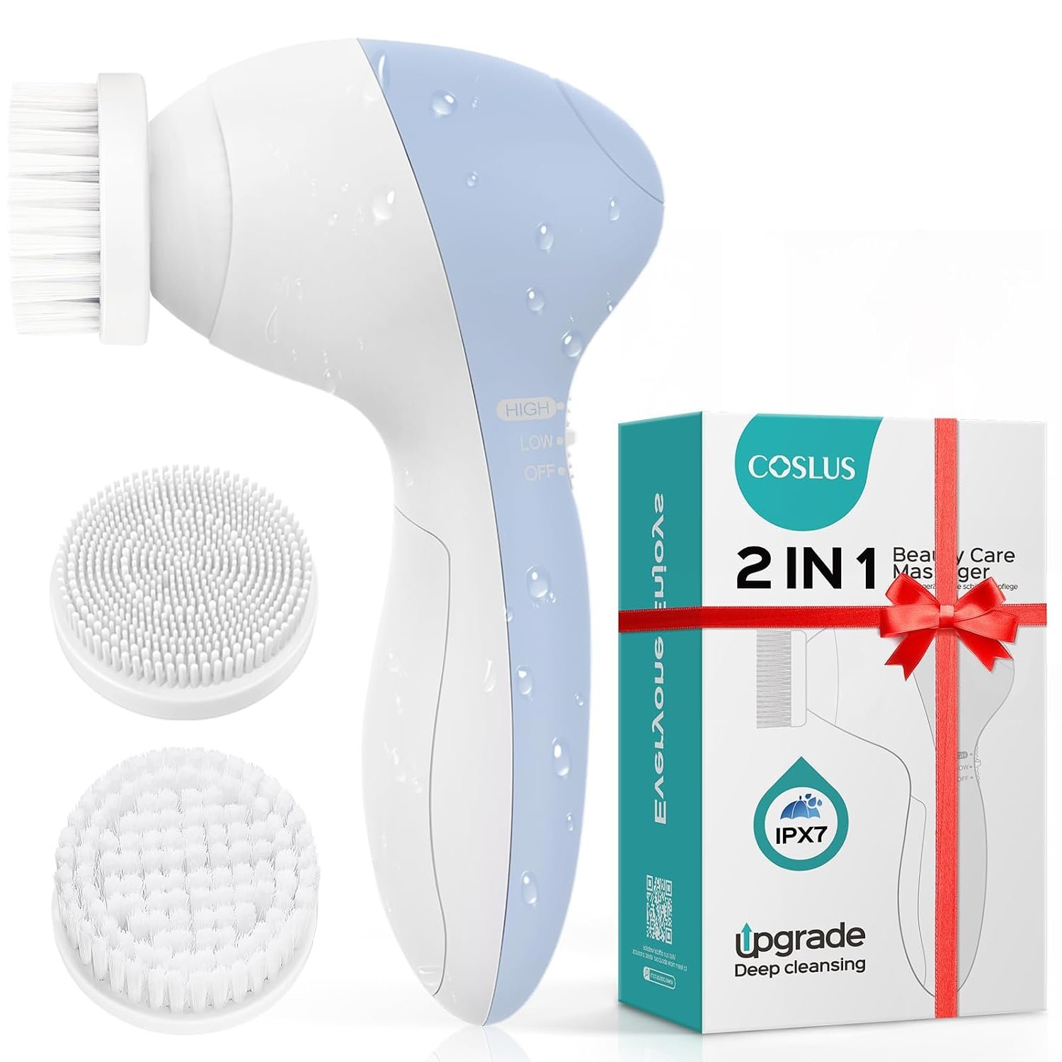 COSLUS Facial Cleansing Brush Face Scrubber, 2-in-1 Rotating Design | Electric Exfoliator Massage Brush for Deep Cleaning, Gentle Skin Care, for Men and Women, Waterproof, Blue, Standard Set