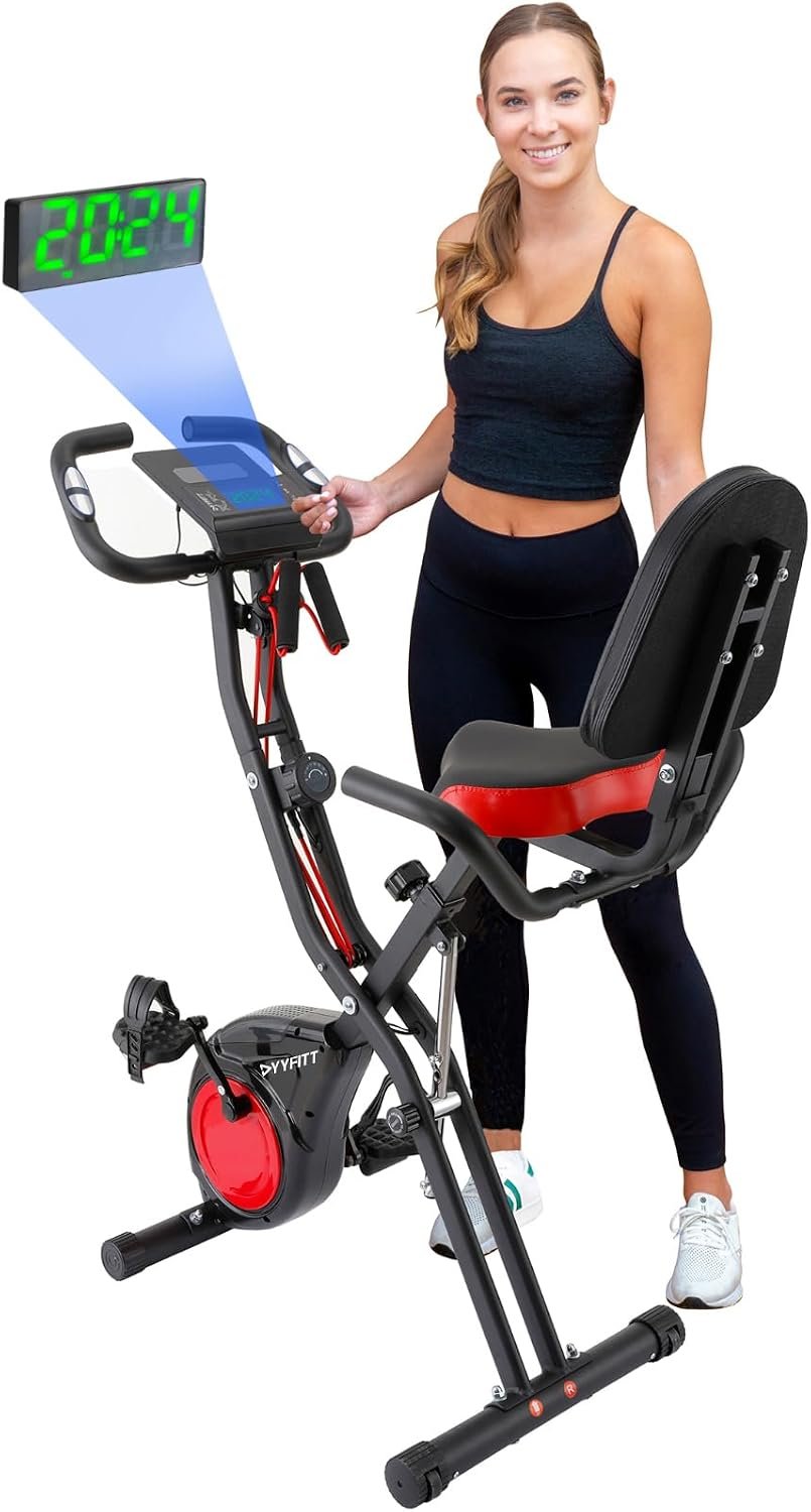 3-IN-1 Exercise Bike with Luminous Digits Display | Folding Stationary Bikes for Home Seniors | Compact Workout Bike with Fully Support Backrest – Wider Seat – 16 Level Magnetic Resistance