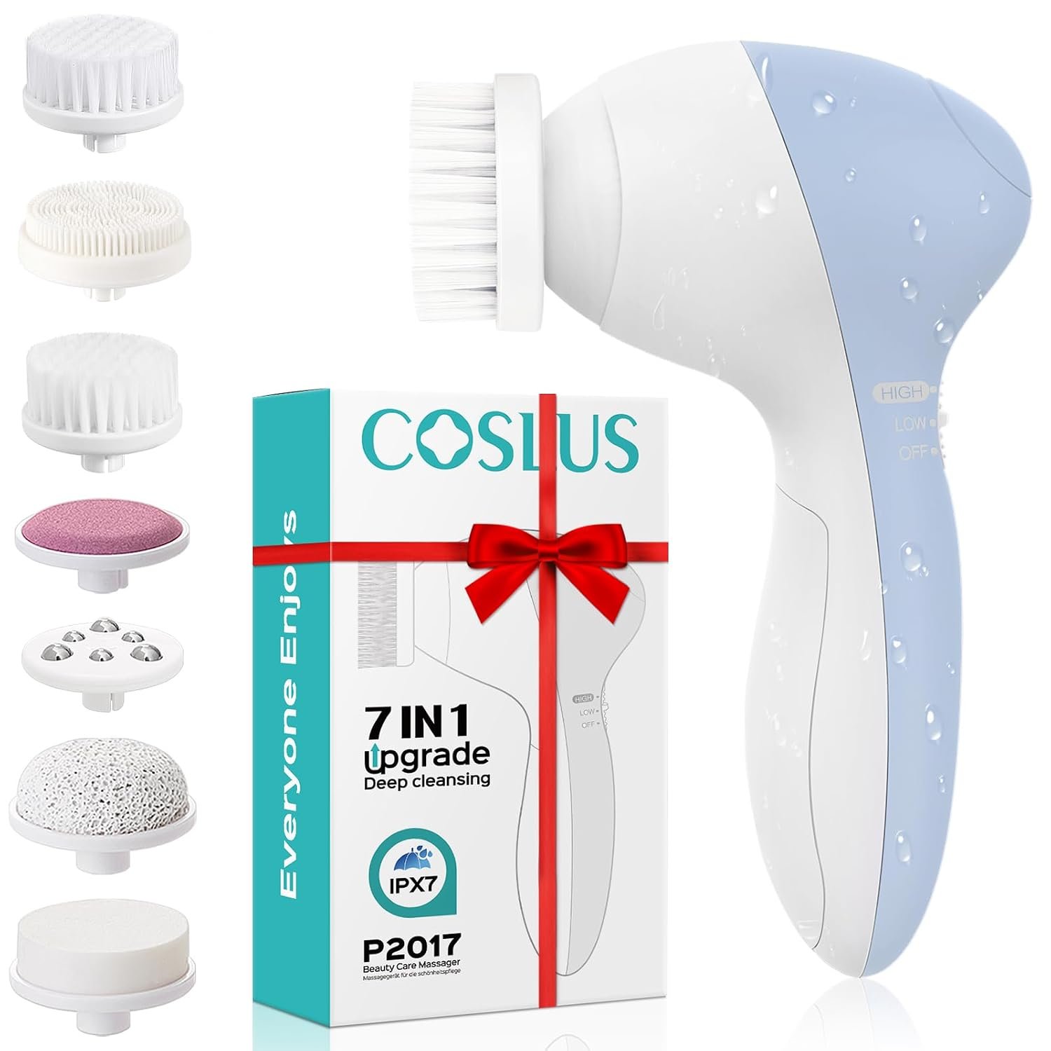 COSLUS Facial Cleansing Brush Face Scrubber, 7-in-1 Rotating Design | Electric Exfoliator Massage Brush for Deep Cleaning, Gentle Skin Care, for Men and Women, Waterproof, Blue, Upgrade Set
