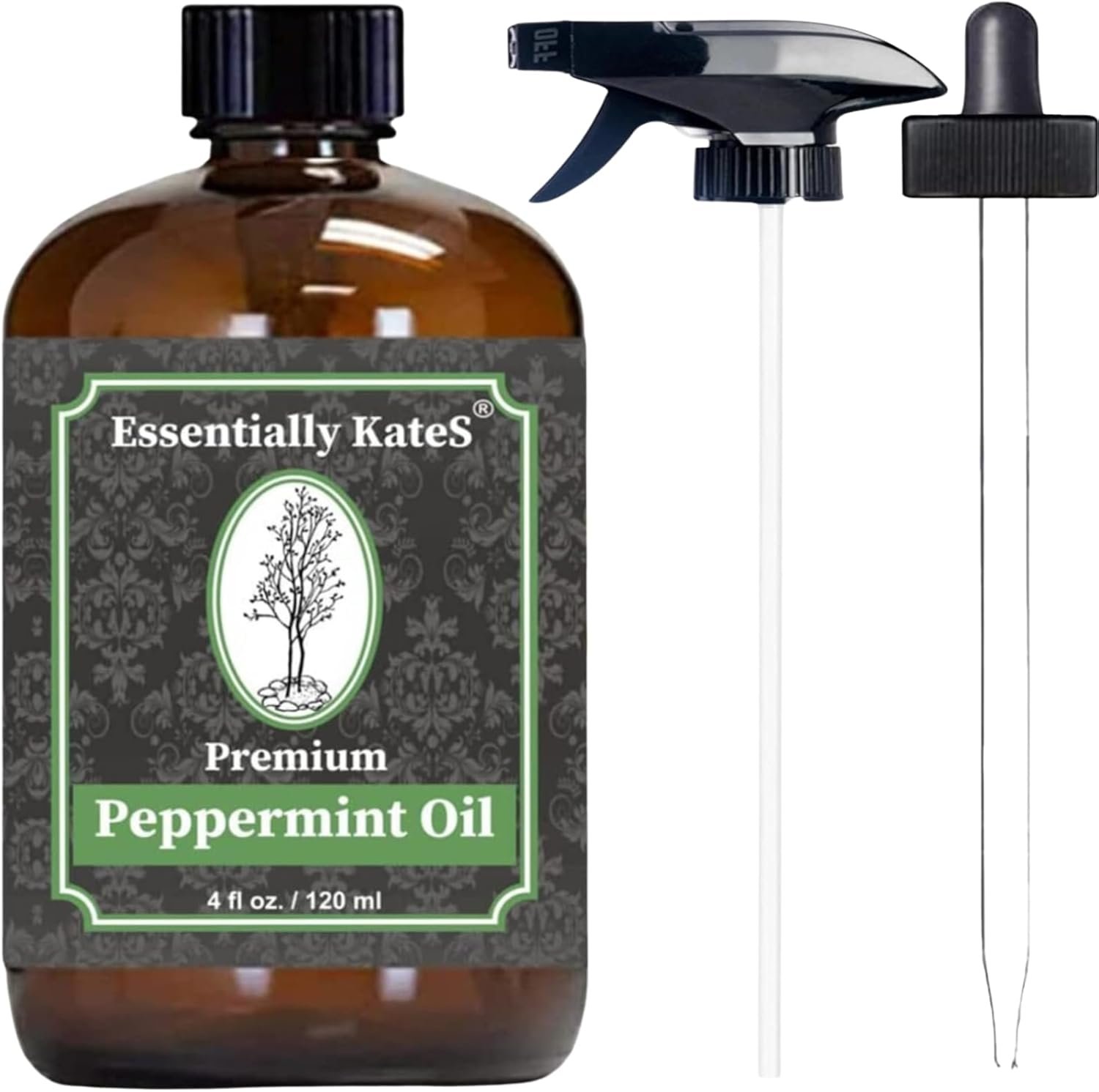 Peppermint Essential Oil 4 oz. with Huge Glass Bottle, Glass Dropper, and Sprayer. Detailed User’s Guide E-Book. Skin Care, Garden Care, and Hair Care.