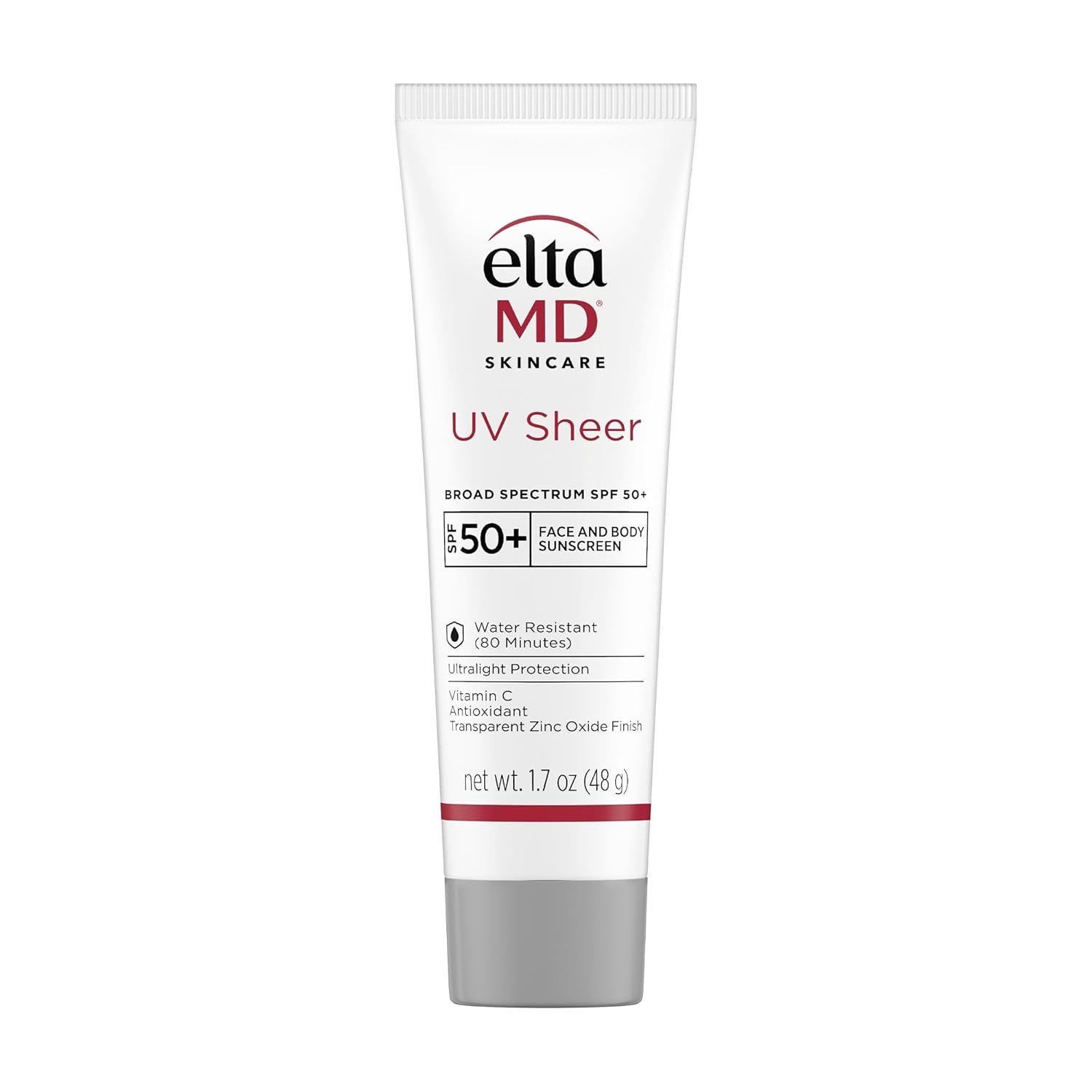 EltaMD UV Sheer Face and Body Sunscreen SPF 50+, Oil Free, No White Cast Sunscreen for Face and Body, Zinc Oxide Formula, 1.7 oz Tube