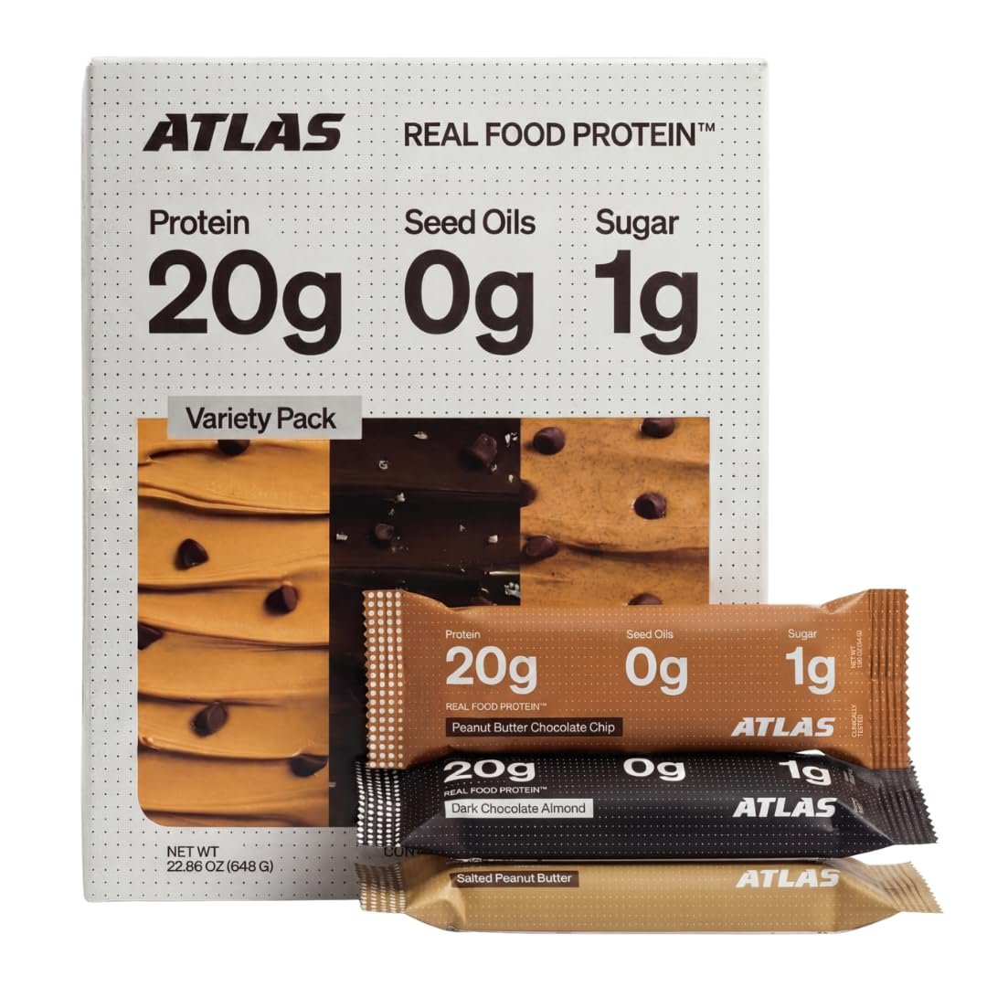 Atlas Real Food High Protein Bars – 20g Protein, 1g Sugar, Clean Ingredients, High Fiber, Low Sugar Snack Bar, No Seed Oils, No Artificial Sweeteners (Variety, 12 Count)