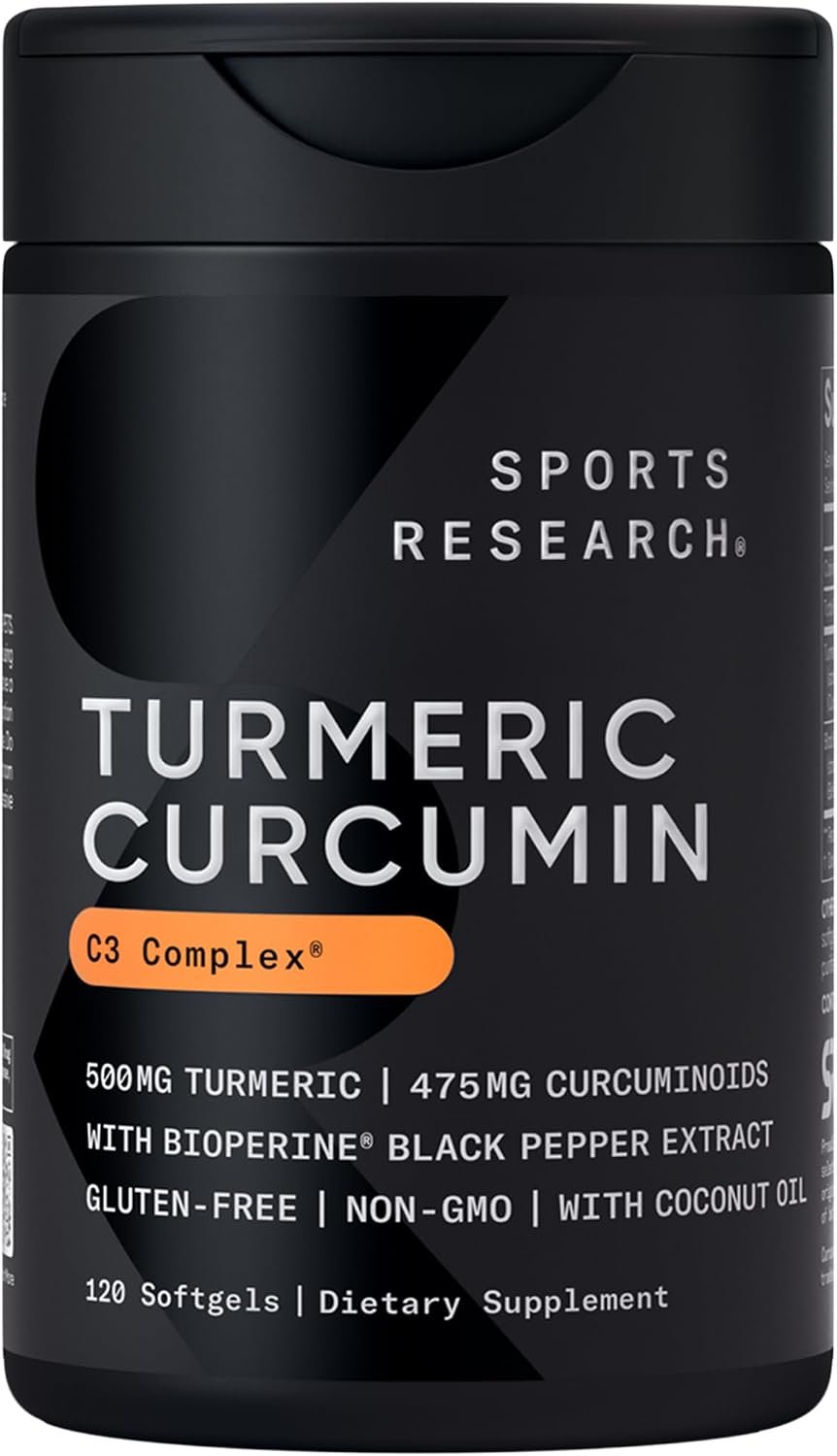 Sports Research® Turmeric Curcumin w/Coconut Oil & BioPerine® – 120 Count | Made with Curcumin C3 Complex® 500mg | Standardized to 95% Active Curcuminoids | Non-GMO, Gluten-Free – 120 Softgels